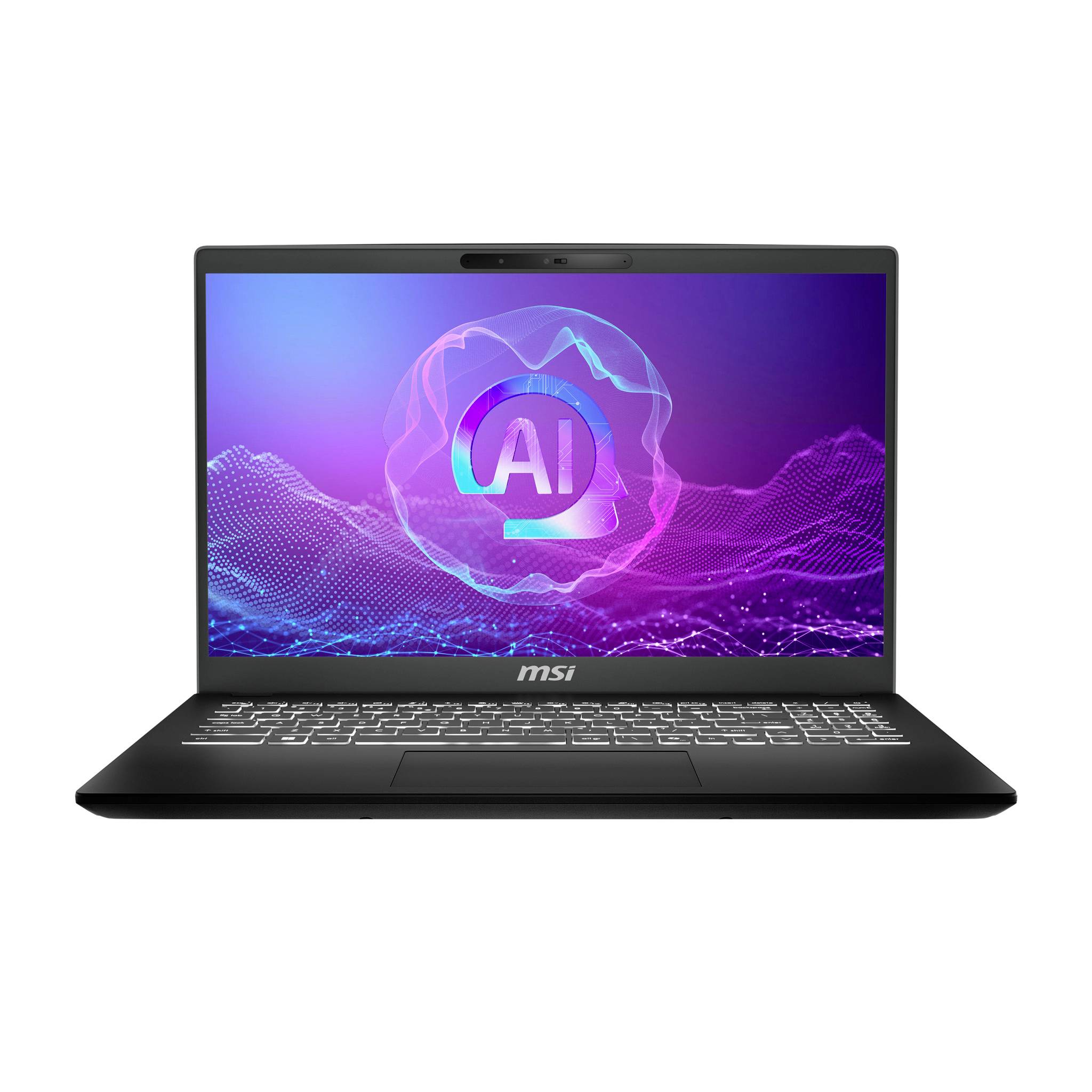 Schwarzes MSI-Laptop mit einem "KI"-Grafikdisplay auf einem abstrakten violetten Wellenhintergrund.