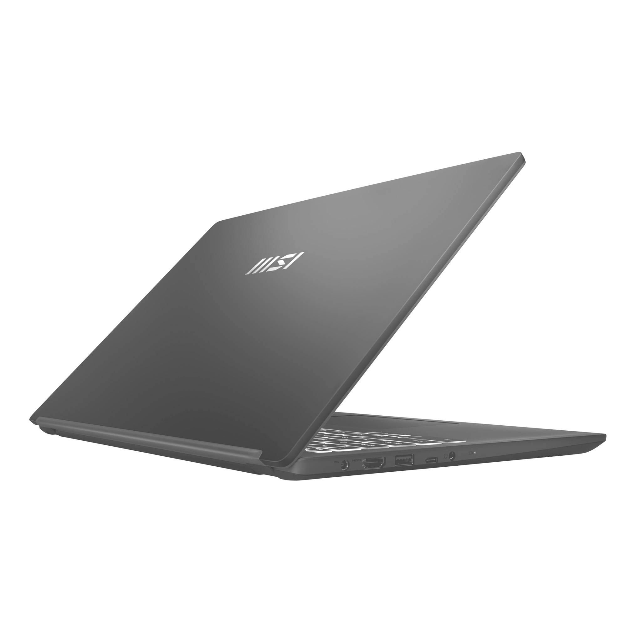 Teilweise geöffneter schwarzer Laptop auf weißem Hintergrund, der den Deckel, die Tastatur und die Seitenports zeigt.