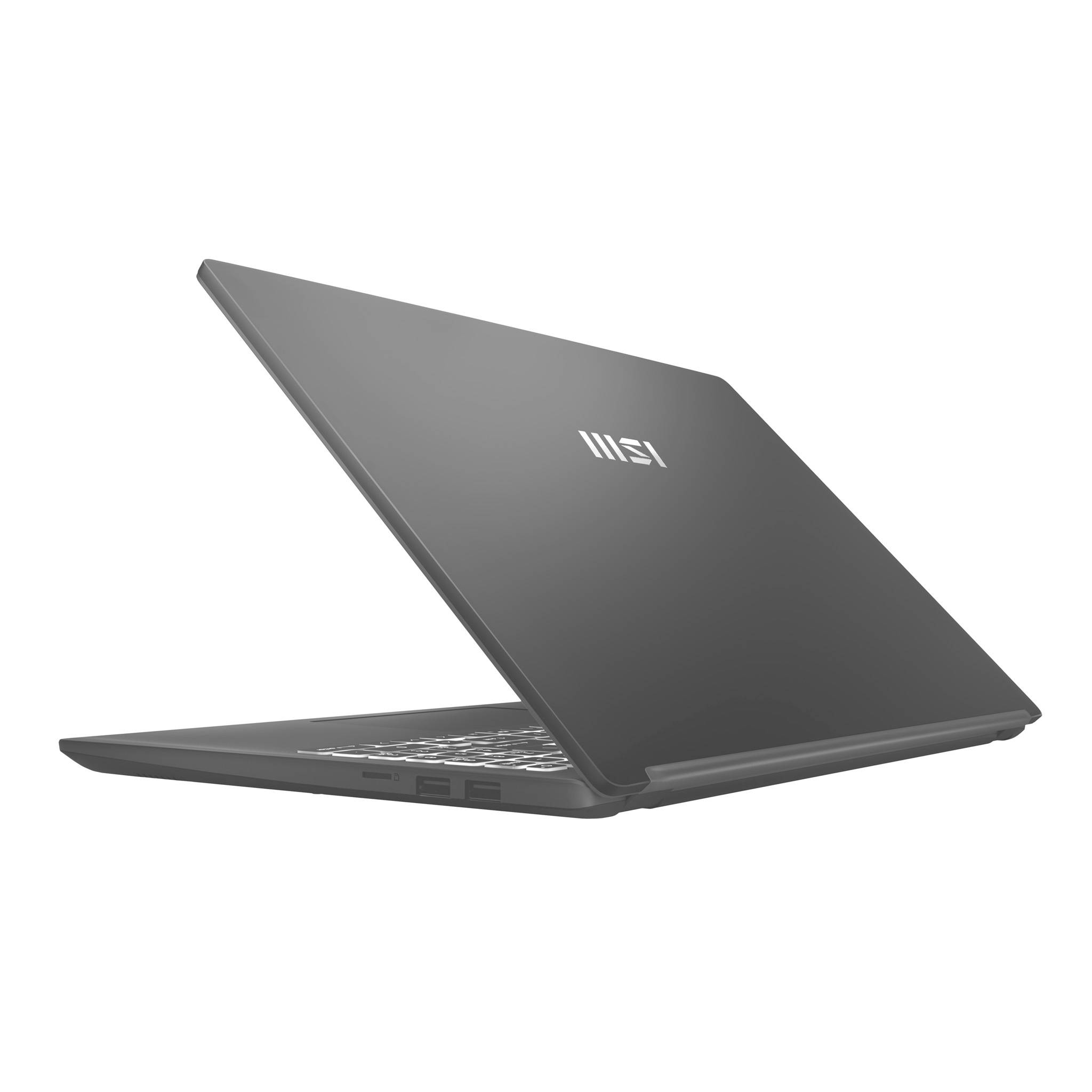 Schwarzer MSI-Laptop, teilweise geöffnet auf weißem Hintergrund, mit sichtbarer Tastatur und MSI-Logo auf dem Deckel.