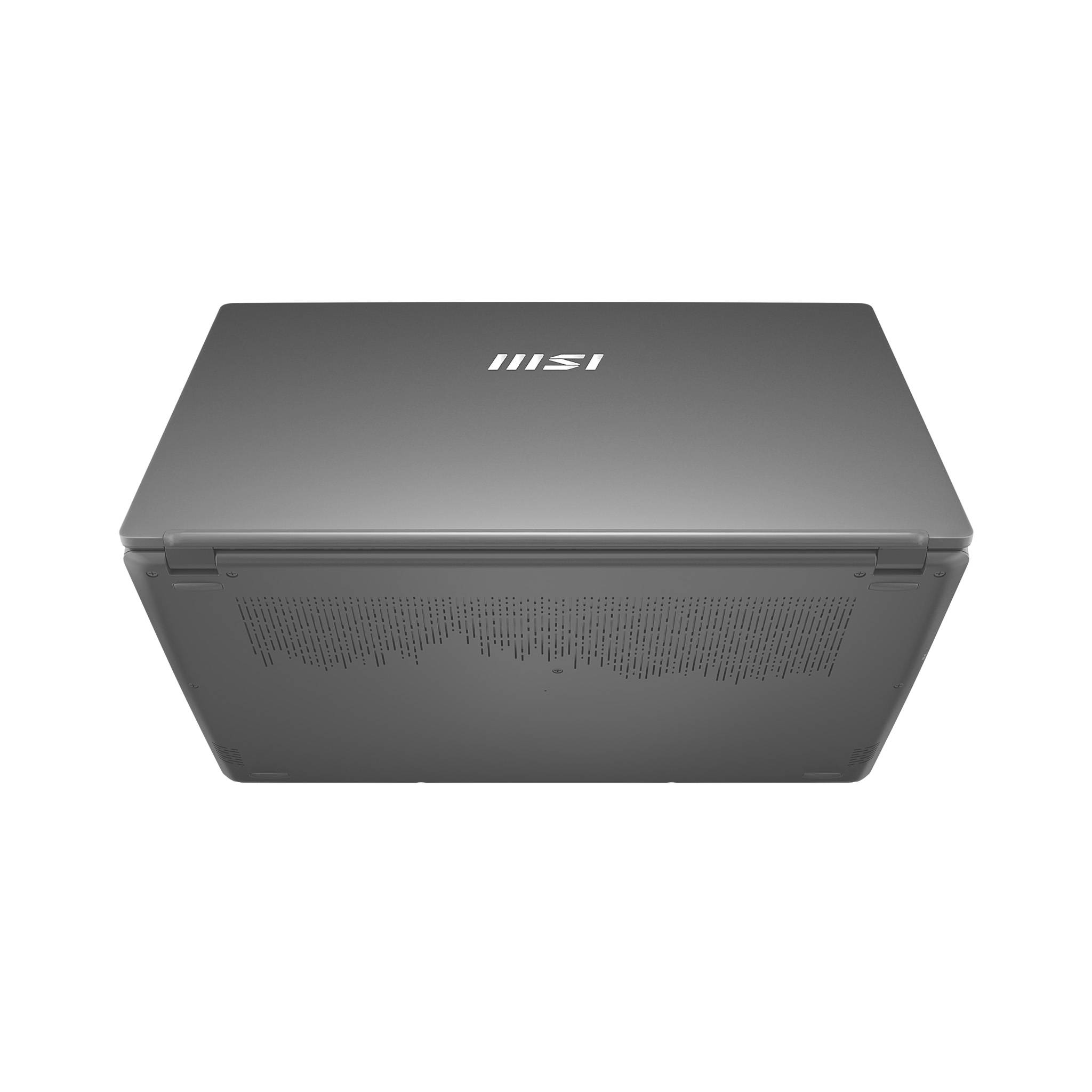 Draufsicht eines grauen MSI-Laptops mit geschlossenem Deckel auf weißem Hintergrund.