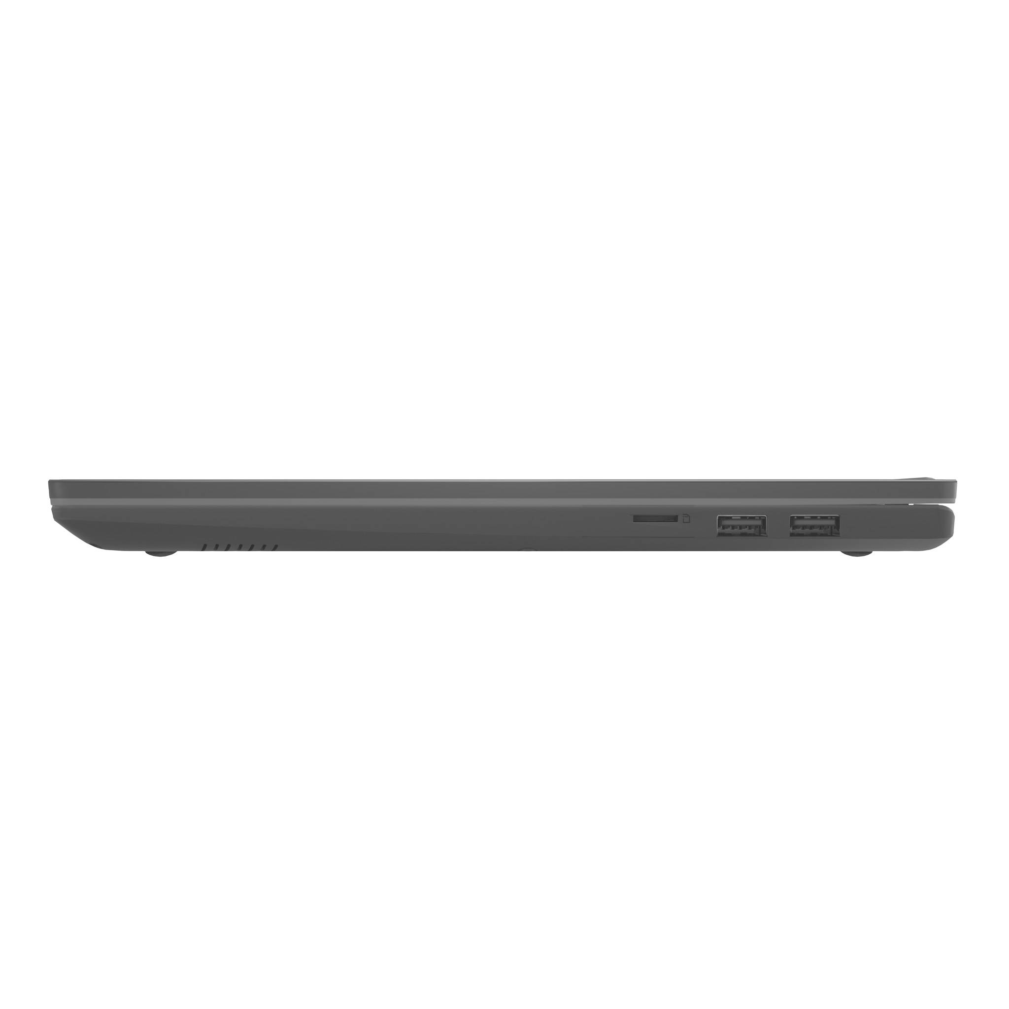 Seitenansicht eines schlanken dunkelgrauen Laptops, die die linke Kante mit Anschlüssen und geschlossenem Deckel zeigt.