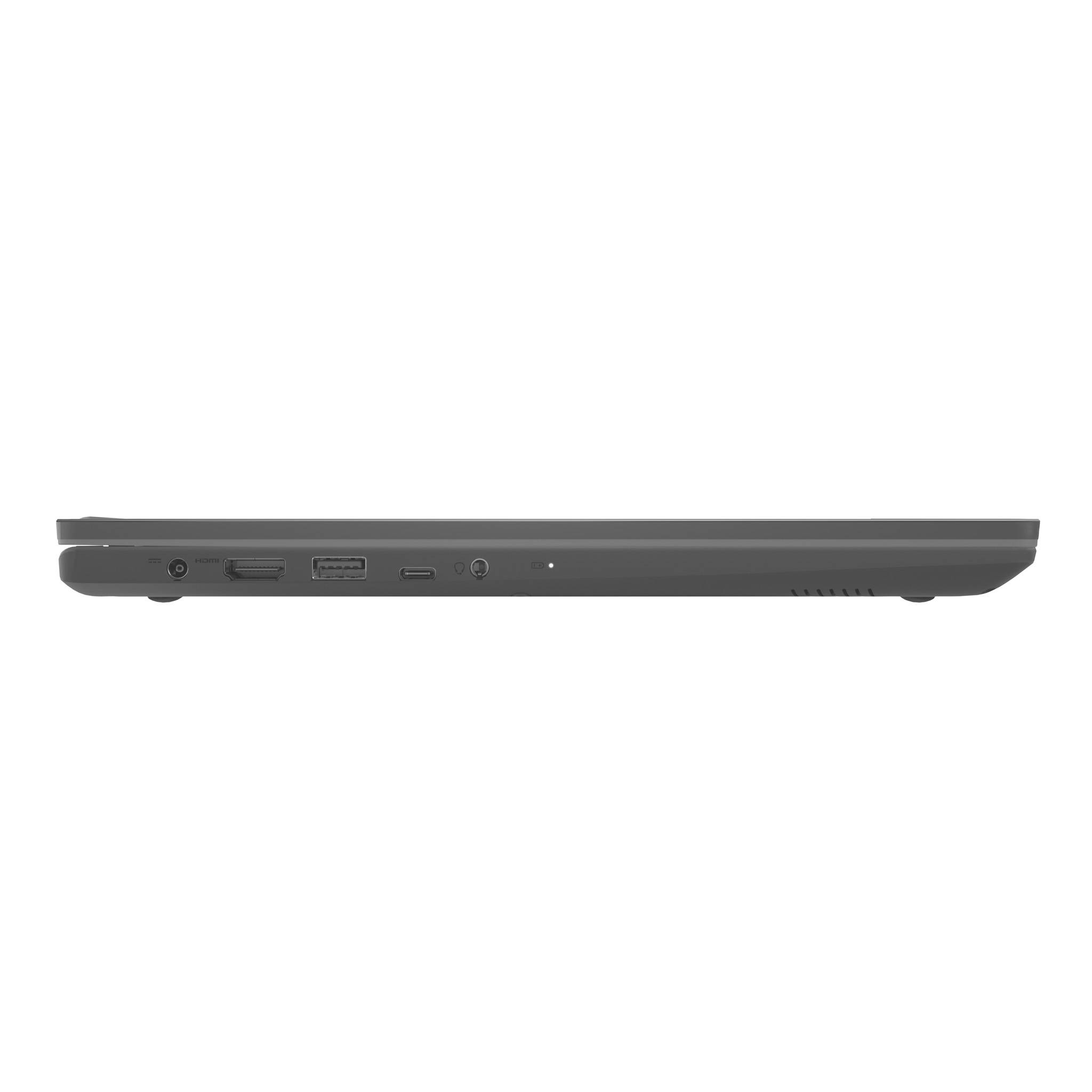 Seitenansicht eines schlanken schwarzen Laptops, die die linke Kante mit Anschlüssen und einer kleinen Anzeigeleuchte zeigt.