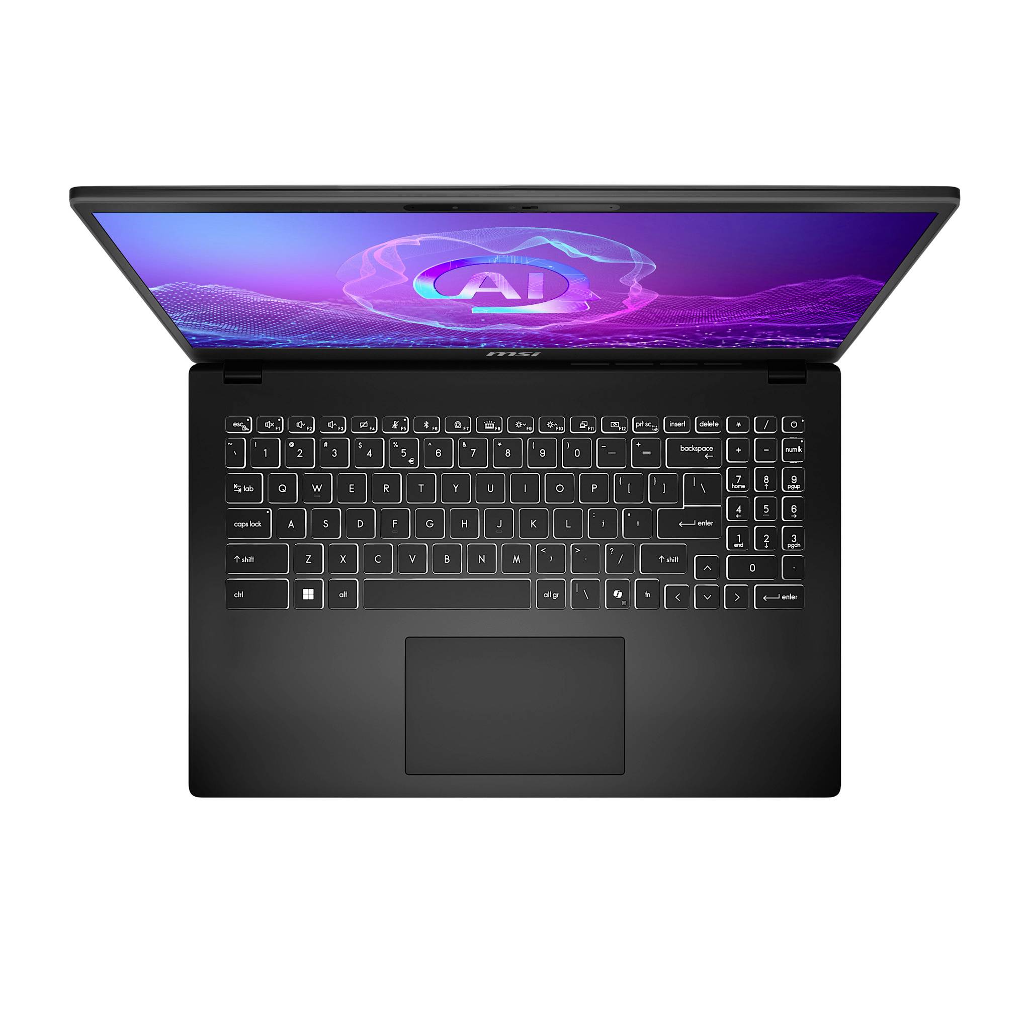 Offener schwarzer Laptop von oben betrachtet, mit Bildschirm, der eine violette „KI"-Grafik zeigt, und sichtbarer Tastatur.