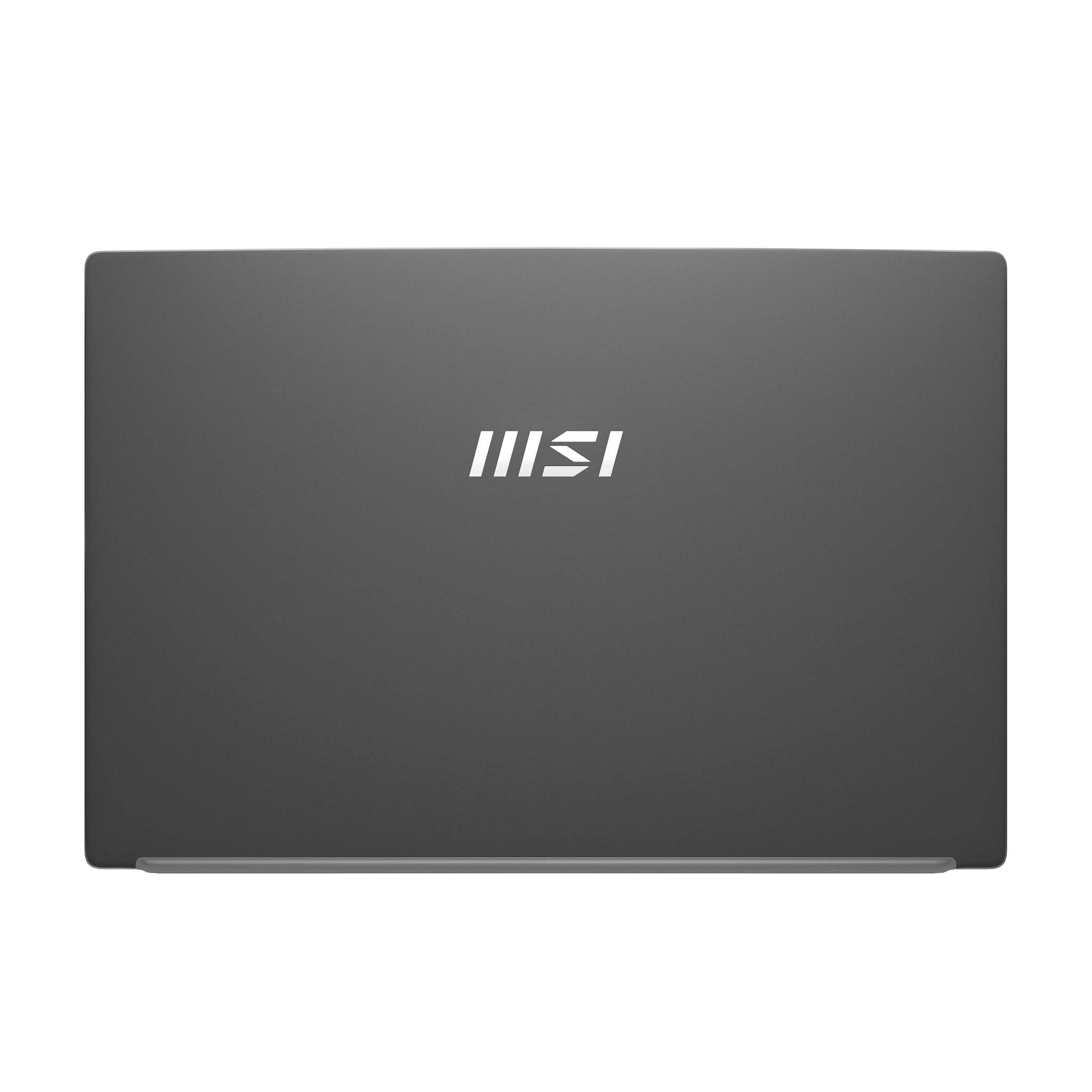 Geschlossener dunkelgrauer MSI-Laptop von oben auf weißem Untergrund gezeigt.