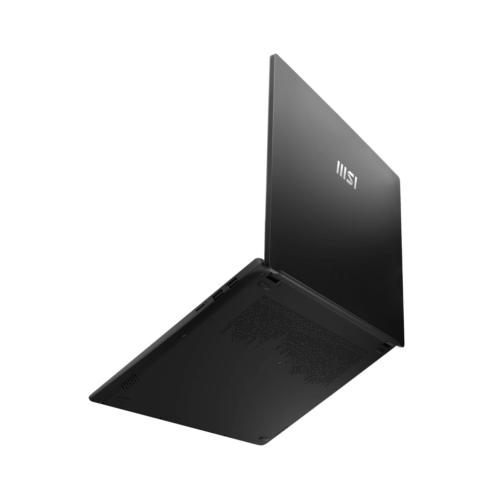 Schwarzer MSI-Laptop in einer schwebendes Produktaufnahme gezeigt, von unten und von hinten betrachtet.