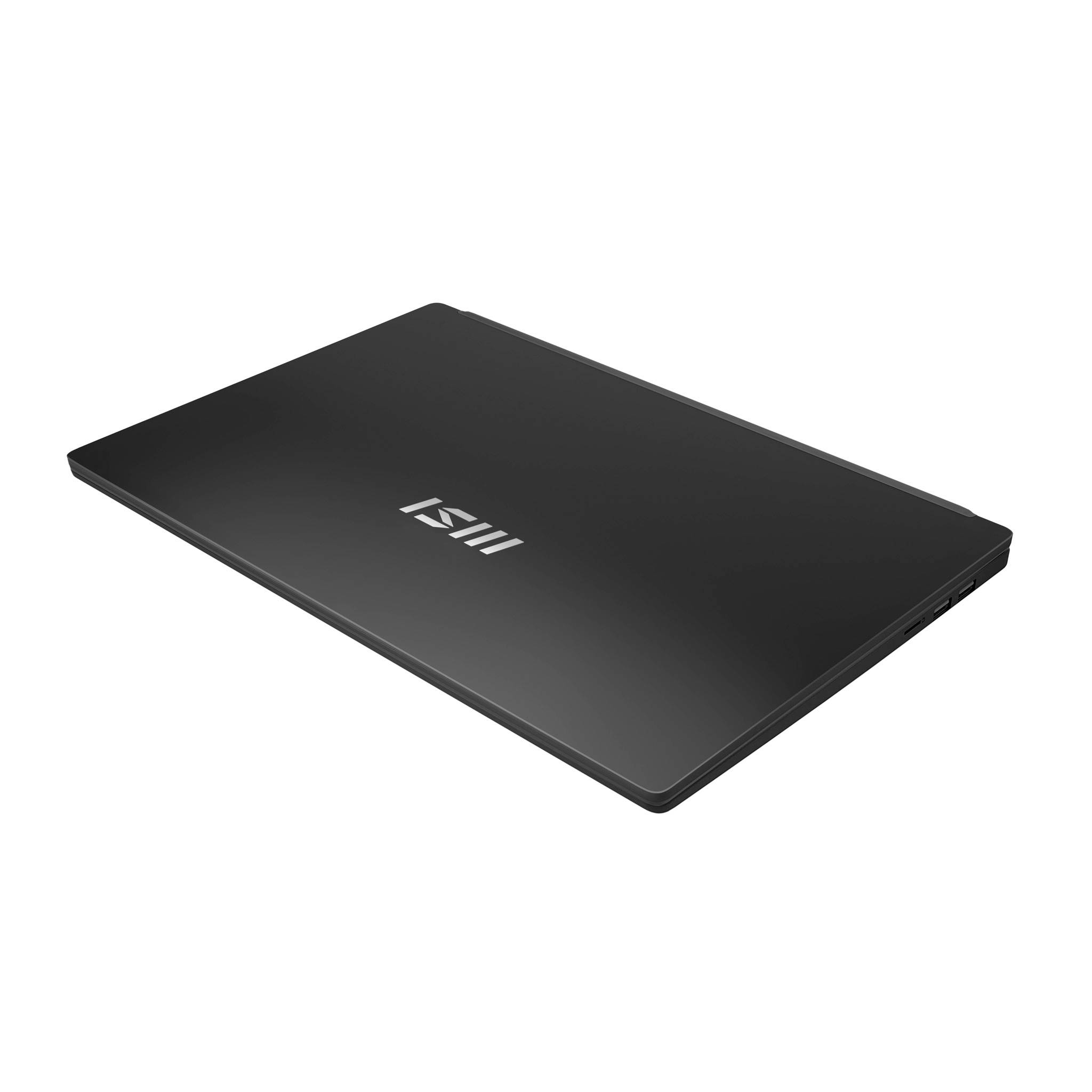 Schwarzer MSI-Laptop, geschlossen auf weißem Hintergrund, leicht angewinkelt dargestellt mit dem MSI-Logo zentriert auf dem Deckel.