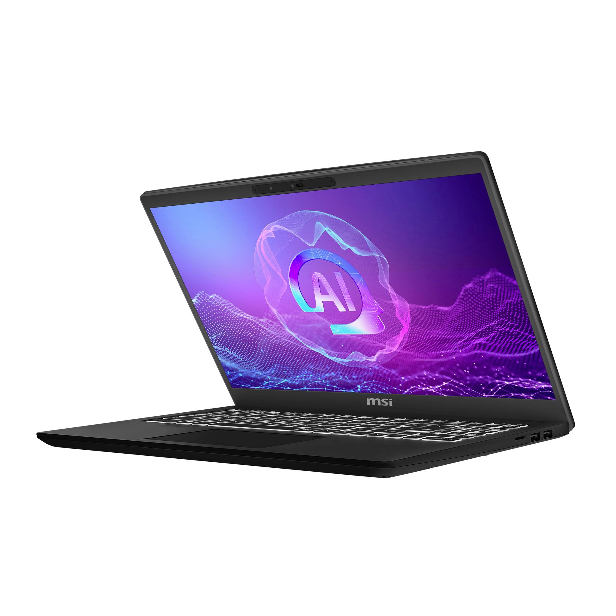 Schwarzer MSI-Laptop in schräger Position geöffnet, zeigt einen Bildschirm mit einem leuchtenden KI-Symbol auf einem violetten digitalen Wellenhintergrund.
