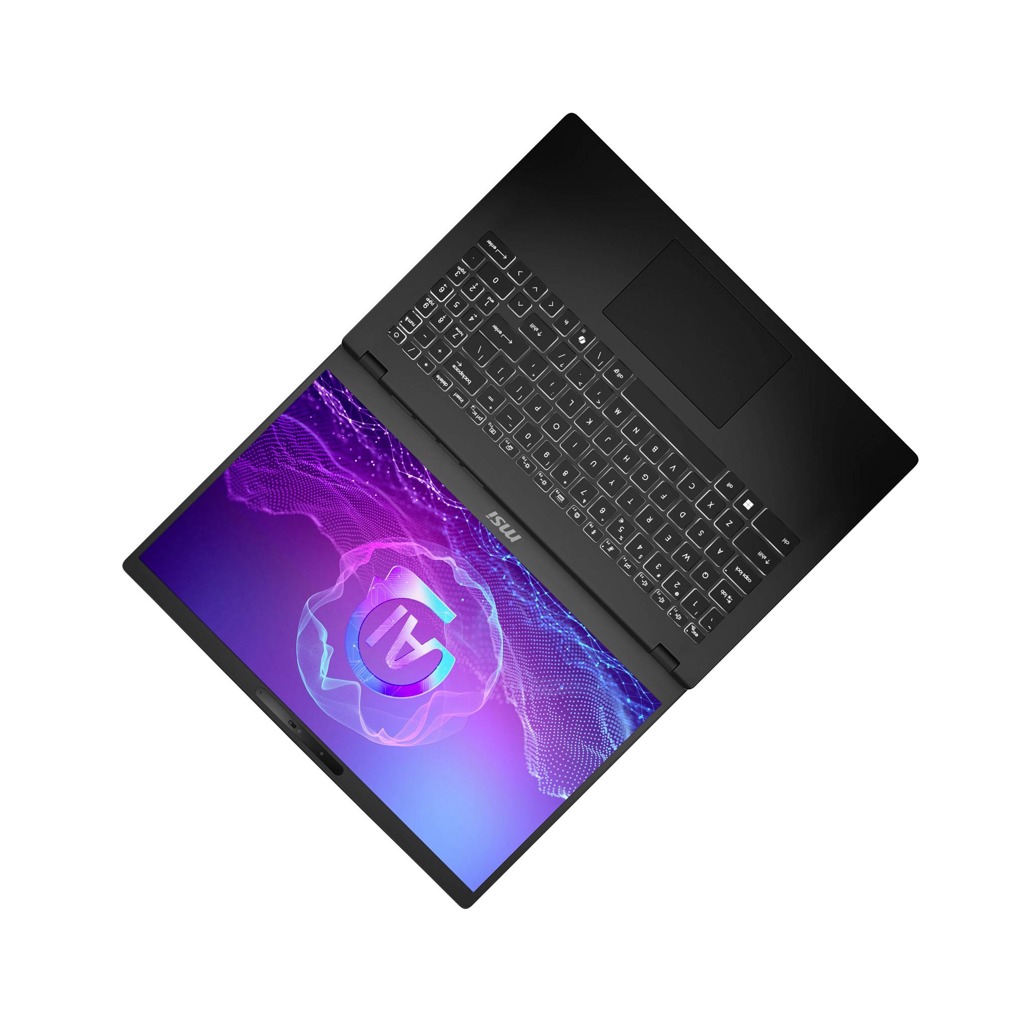 Schwarzer Laptop geöffnet auf weißem Hintergrund mit einer violetten abstrakten Grafik auf dem Bildschirm.