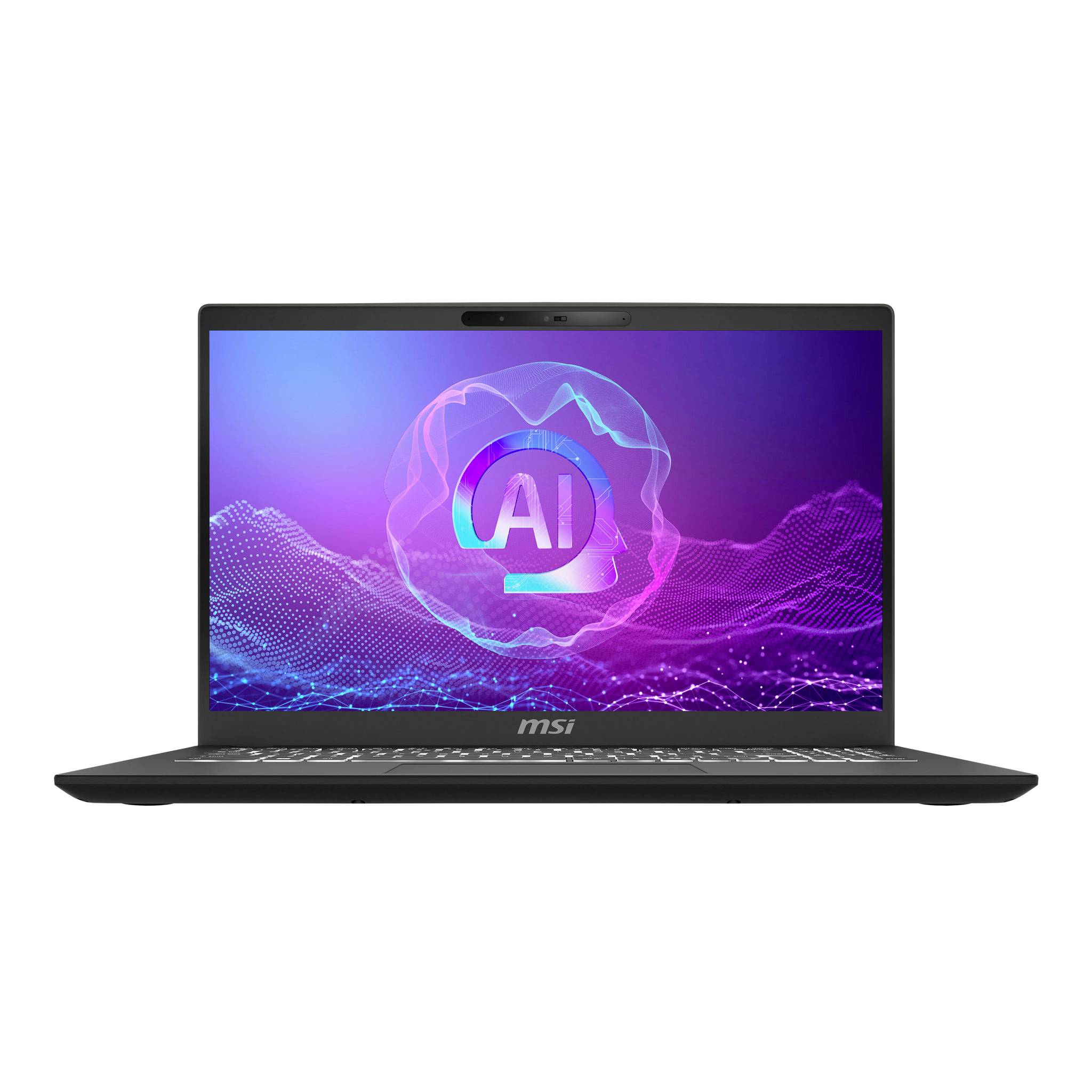 Schwarzer MSI-Laptop mit einer "KI"-Grafik auf einem lila abstrakten Bildschirm, Vorderansicht auf weißem Hintergrund.