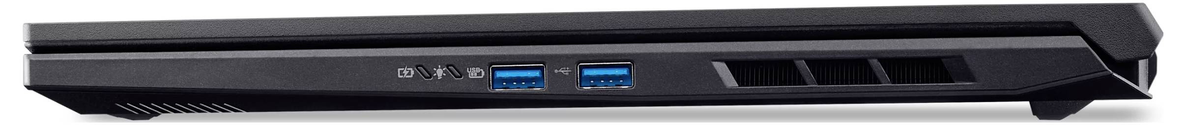 Ein schwarzes Laptop-Gehäuse mit zwei blau beleuchteten USB-Anschlüssen und kleinen Statussymbolen, die in der Nähe der vorderen Kante zentriert angebracht sind.