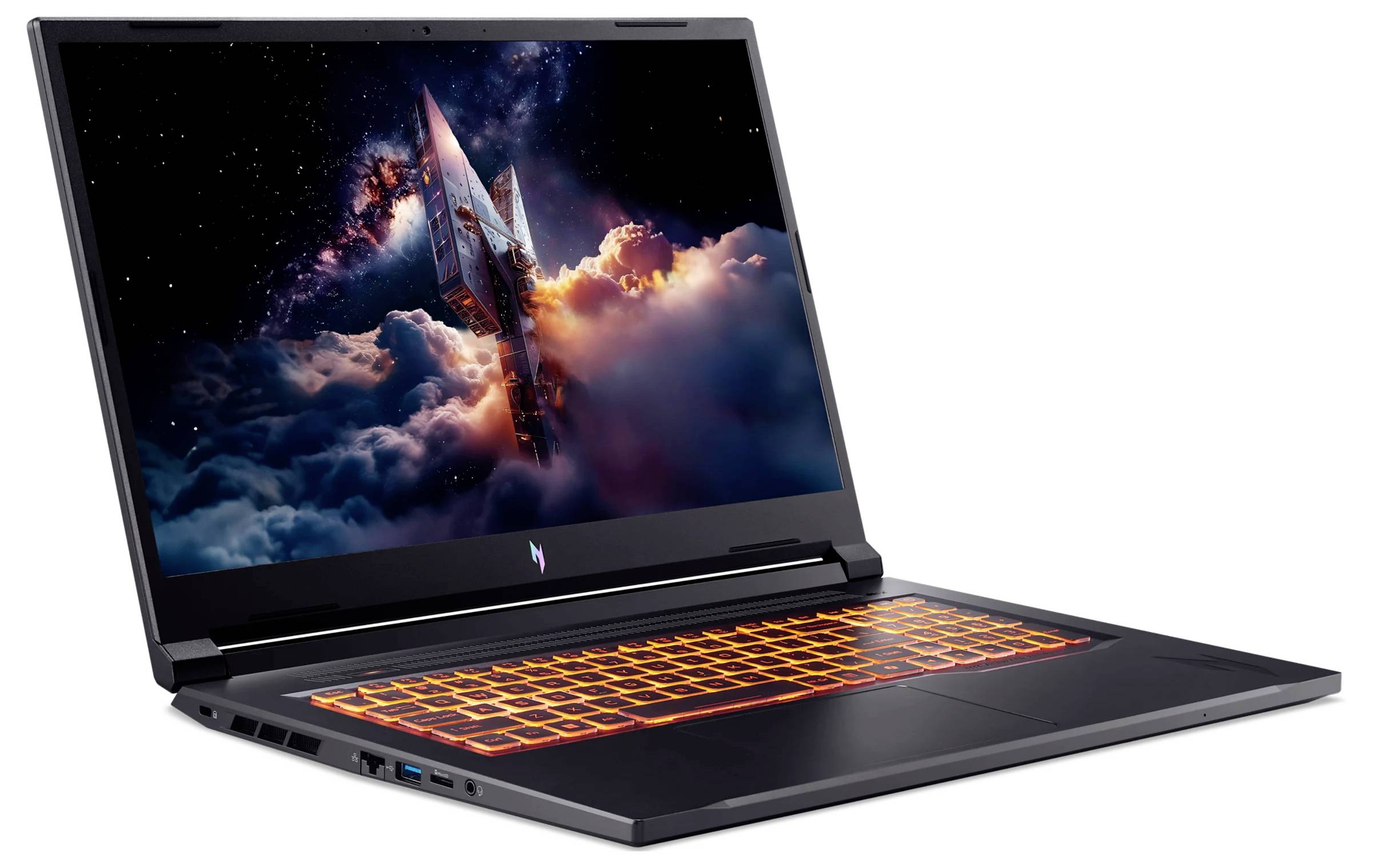 Ein Gaming-Laptop mit einer leuchtend orangefarbig beleuchteten Tastatur zeigt eine Raketenstartszenе auf seinem Bildschirm.