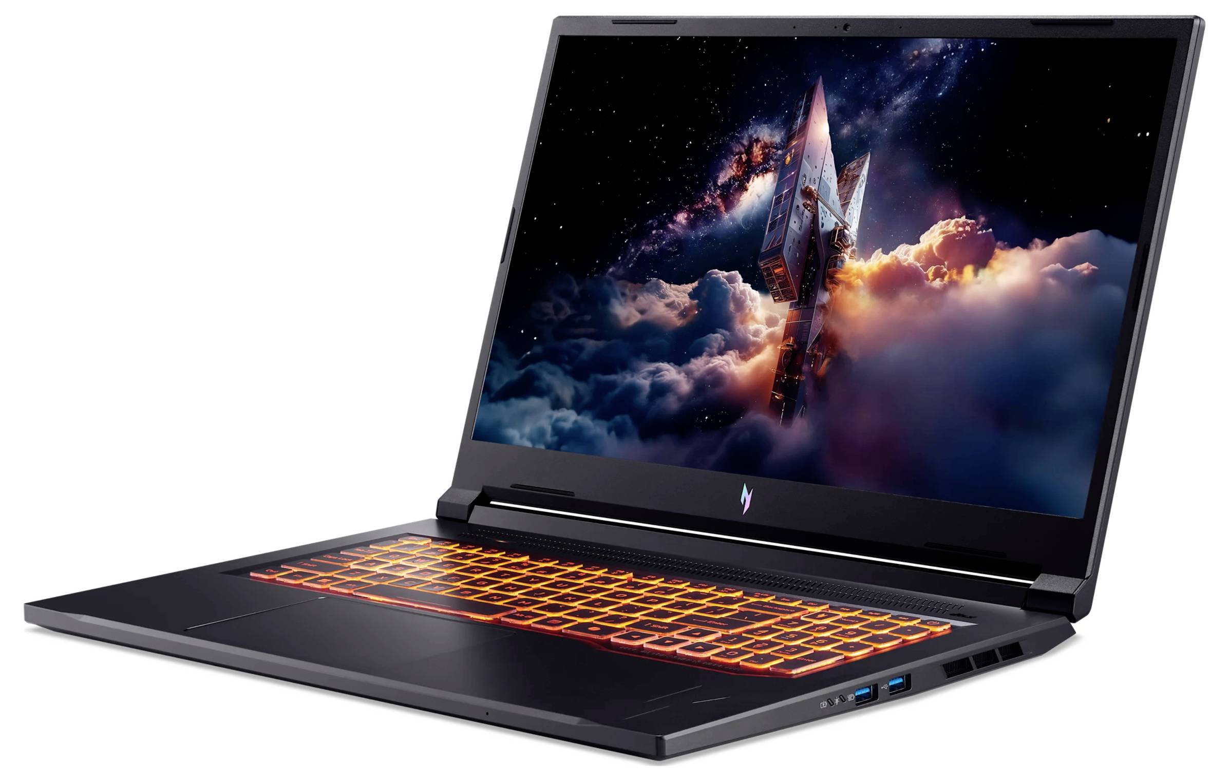 Offener schwarzer Gaming-Laptop mit leuchtender orangefarbener Tastatur und einem weltraumthematischen Hintergrundbild, das eine Rakete zeigt, die durch Wolken aufsteigt.