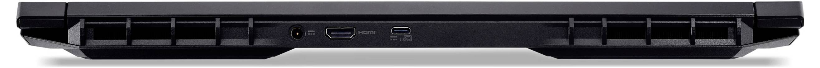 Seitenansicht eines geschlossenen schwarzen Laptops, die die Vorderkante mit Audiobuchse, USB-Anschlüssen und Lüftungsöffnungen zeigt.