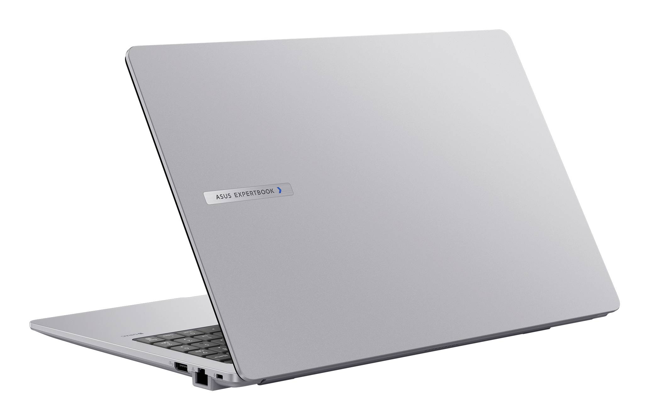 Silberner ASUS ExpertBook-Laptop in geschlossenem Zustand von der Seite auf weißem Hintergrund gezeigt.