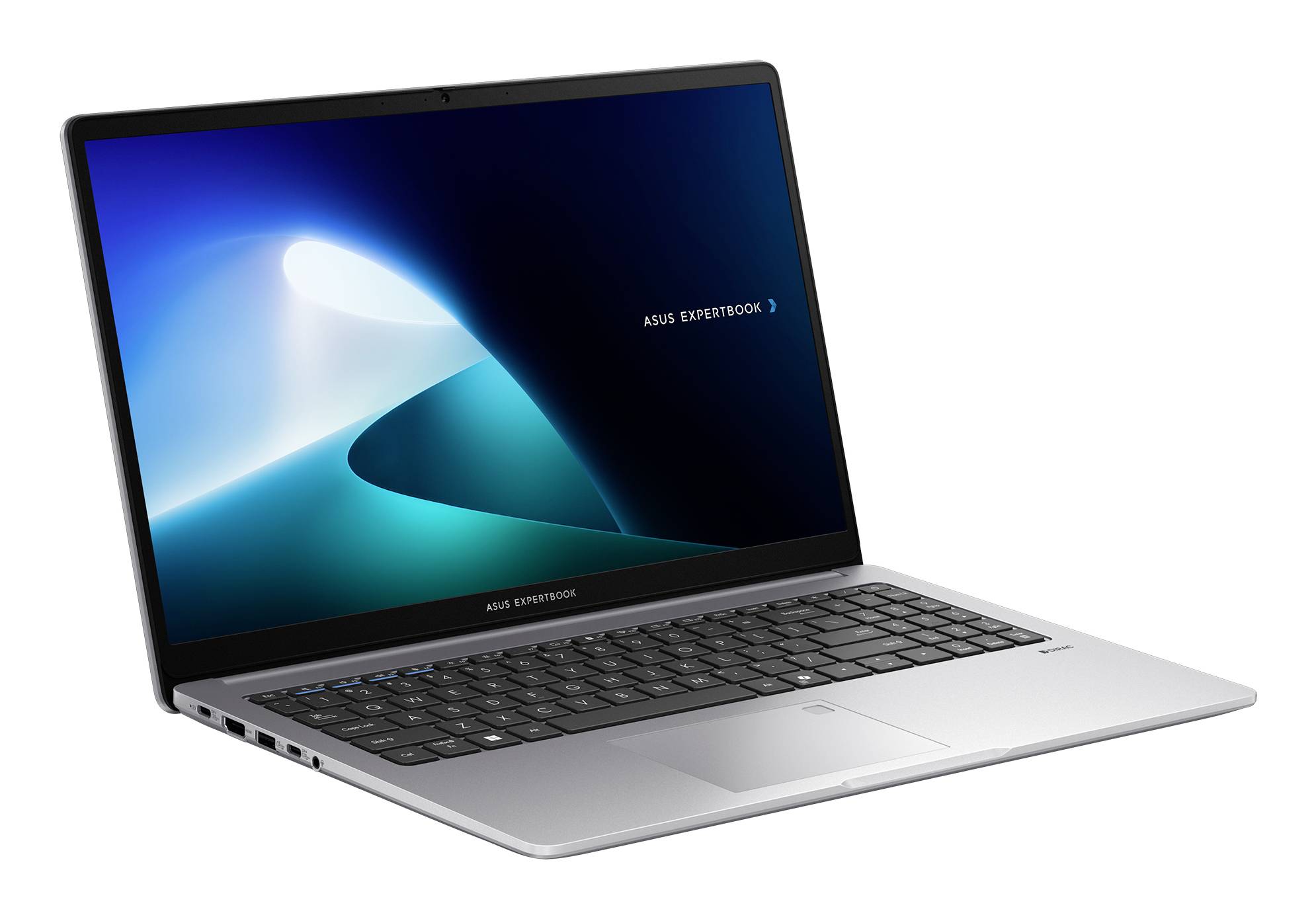 ASUS ExpertBook Laptop mit blauem abstraktem Hintergrundbild auf dem Bildschirm, dargestellt auf weißem Hintergrund.