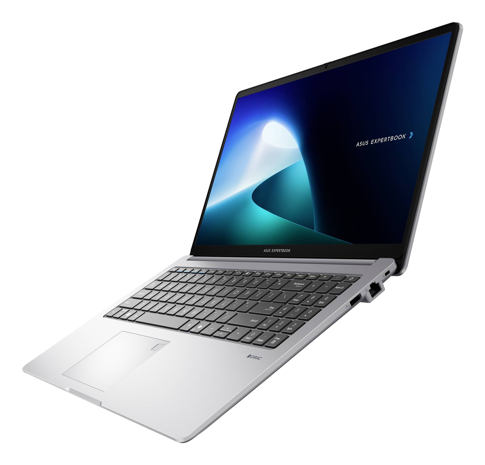 Silberner ASUS ExpertBook Laptop, schräg geöffnet mit Tastatur und Bildschirm, auf dem das ASUS ExpertBook-Logo angezeigt wird.