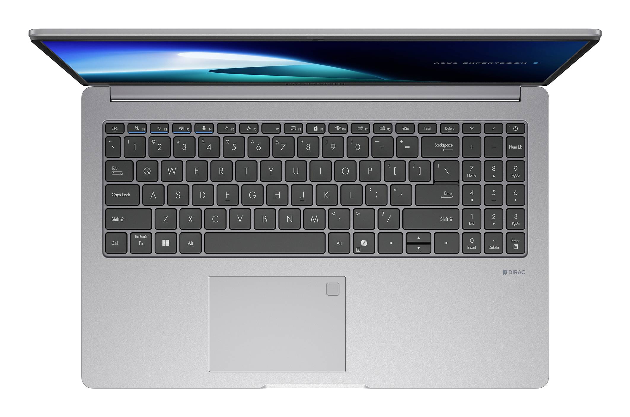 Draufsicht auf einen silbernen Laptop, der aufgeklappt ist und einen eingeschalteten Bildschirm zeigt, wobei die Tastatur und das große Touchpad sichtbar sind.