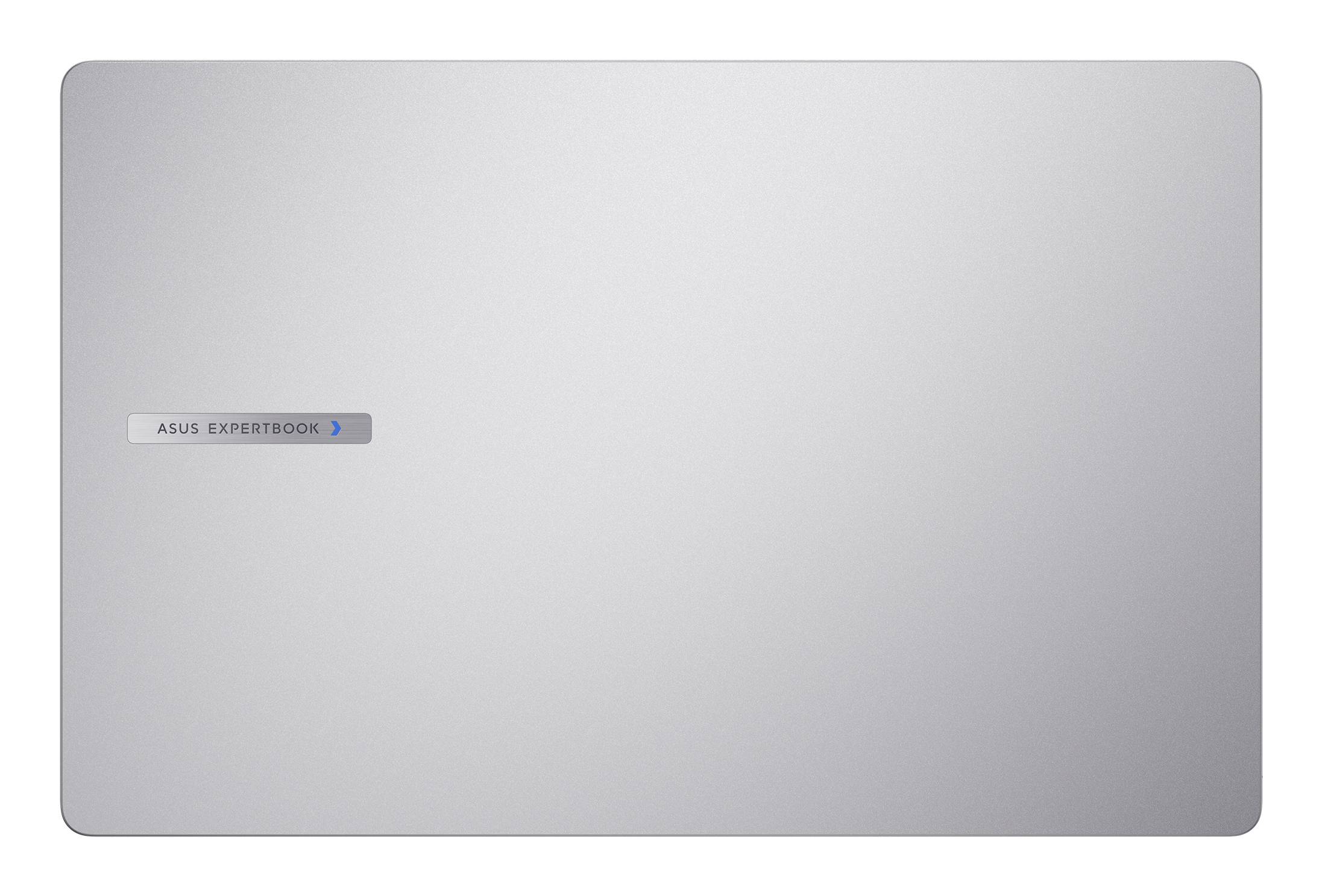 Geschlossener silberner Laptop mit einem „ASUS ExpertBook"-Logo-Abzeichen auf der linken Seite.