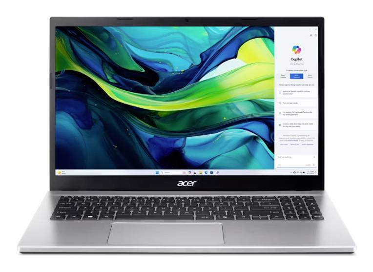 Acer-Laptop mit Windows-Hintergrundbild und der auf der rechten Seite des Bildschirms geöffneten Copilot-Seitenleiste.