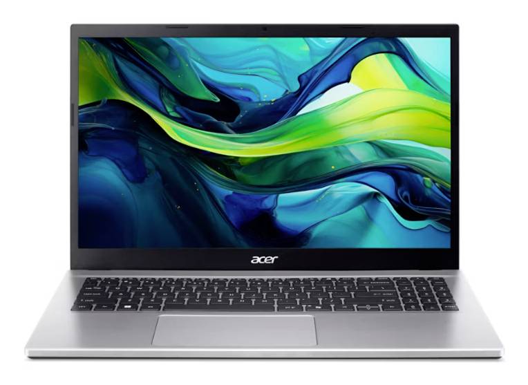 Acer-Laptop mit einem farbenfrohen abstrakten Wellen-Hintergrundbild auf dem Bildschirm, Frontansicht auf weißem Hintergrund.