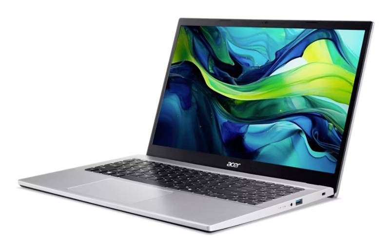 Silbernes Acer-Laptop im offenen Zustand in einem Winkel positioniert, zeigt ein farbenfrohe abstrakte Tapete auf dem Bildschirm.