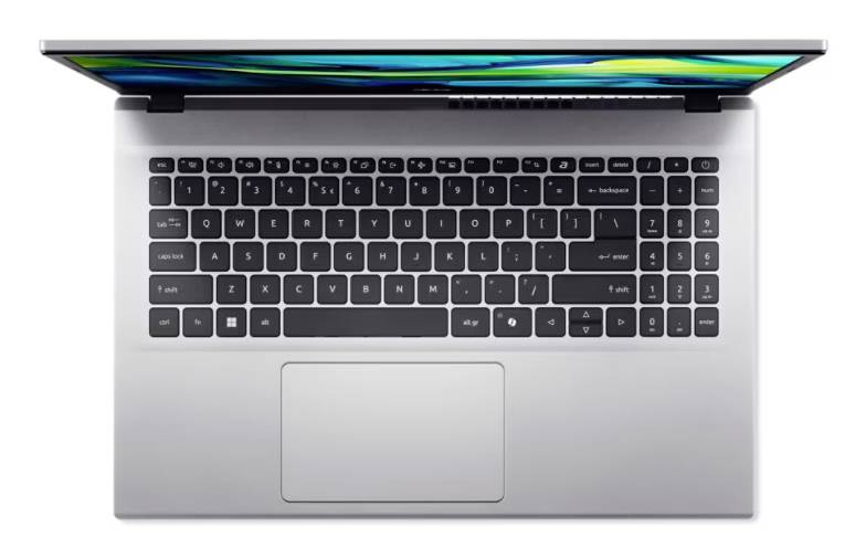 Draufsicht auf einen offenen silbernen Laptop mit schwarzer Tastatur und großem zentriertem Touchpad auf weißem Hintergrund.