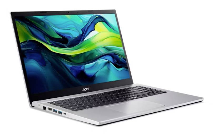 Ein silberner Acer-Laptop, der schräg geöffnet gezeigt wird und ein farbenfrohe abstrakte Hintergrund auf dem Bildschirm anzeigt.