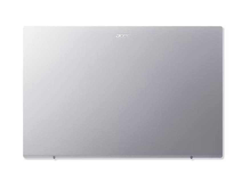 Geschlossener silberner Acer-Laptop von oben auf weißem Hintergrund betrachtet.