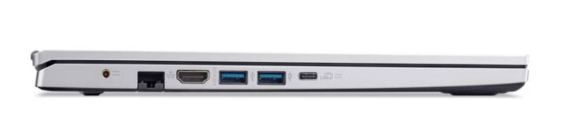 Seitenansicht eines silbernen Laptops, die seine linke Kante zeigt, mit einem Ladeanschluss, einer Ethernet-Buchse, HDMI, zwei USB-Anschlüssen und einem kleinen Kartensteckplatz.