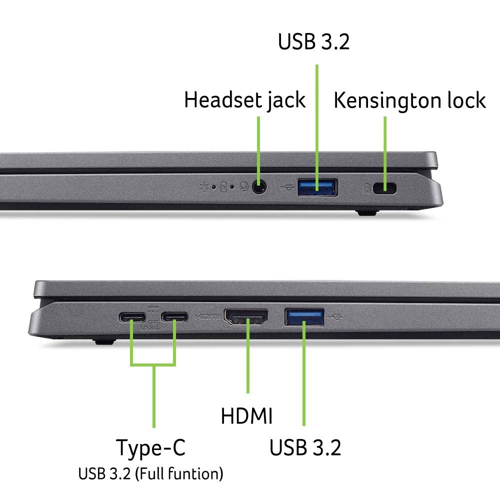 Beschriftete Seitenansichten eines Laptops mit Anschlüssen: Kopfhörerbuchse, USB 3.2, Kensington-Schloss, HDMI und zwei USB 3.2 Typ-C-Vollzweck-Anschlüsse.