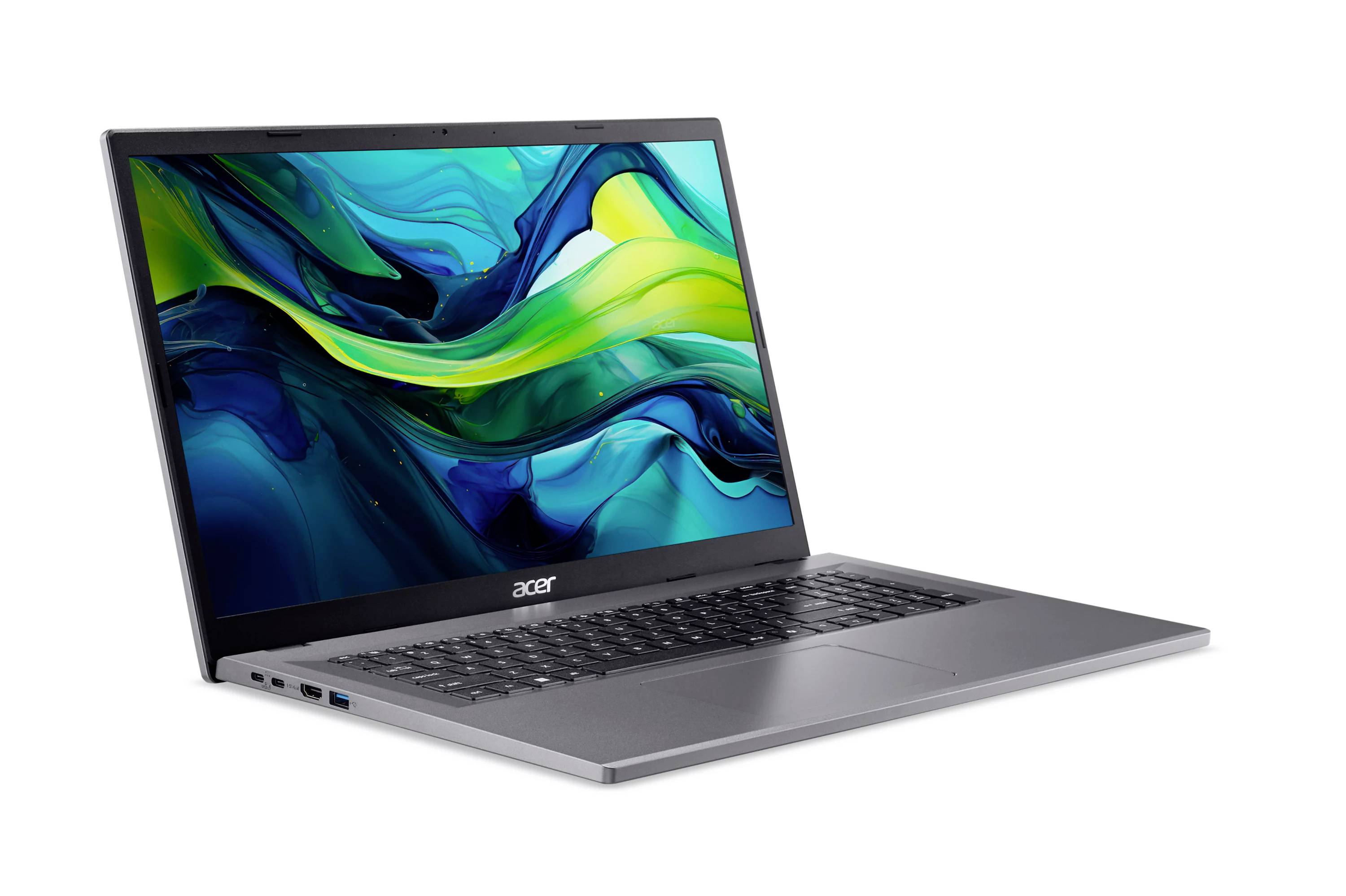 Ein silberner Acer-Laptop, der in einem Winkel geöffnet gezeigt wird und eine farbenfrohe abstrakte Tapete in Blau, Grün und Gelb auf dem Bildschirm anzeigt.