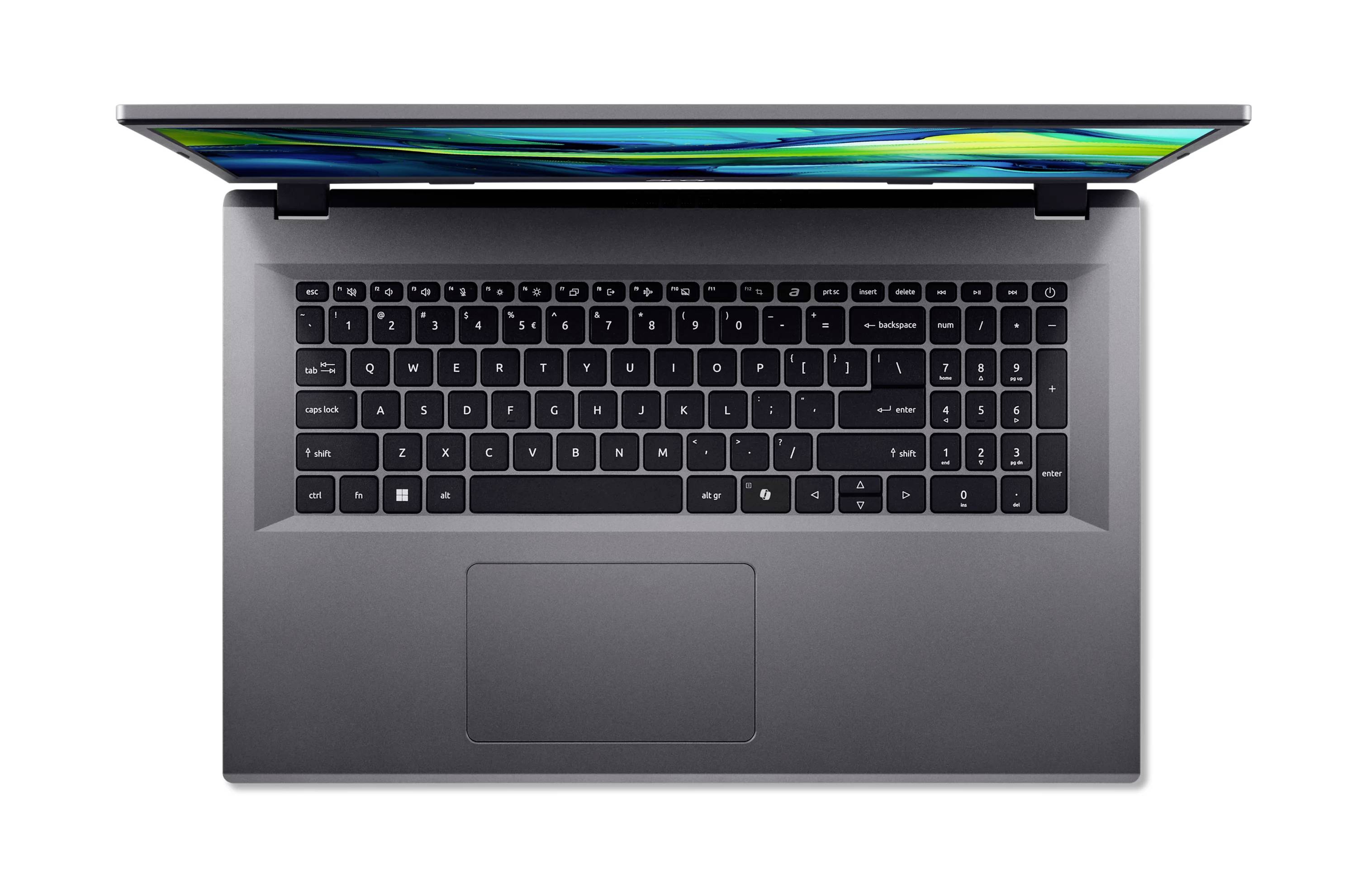 Draufsicht auf einen offenen grauen Laptop mit schwarzer Tastatur und großem Trackpad auf weißem Hintergrund.