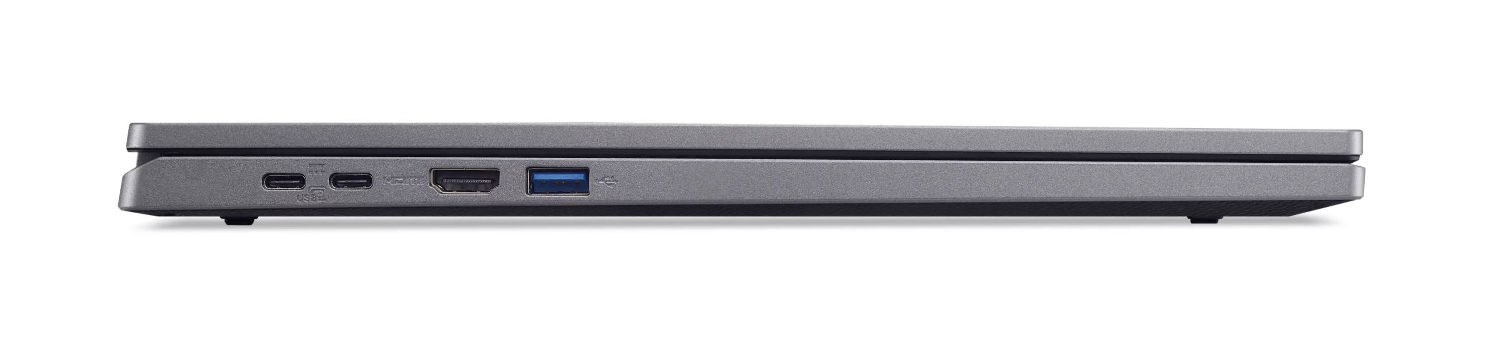 Seitenansicht eines geschlossenen silbernen Laptops, das die linke Kante mit zwei USB-Anschlüssen und einem Videoausgabeanschluss zeigt.