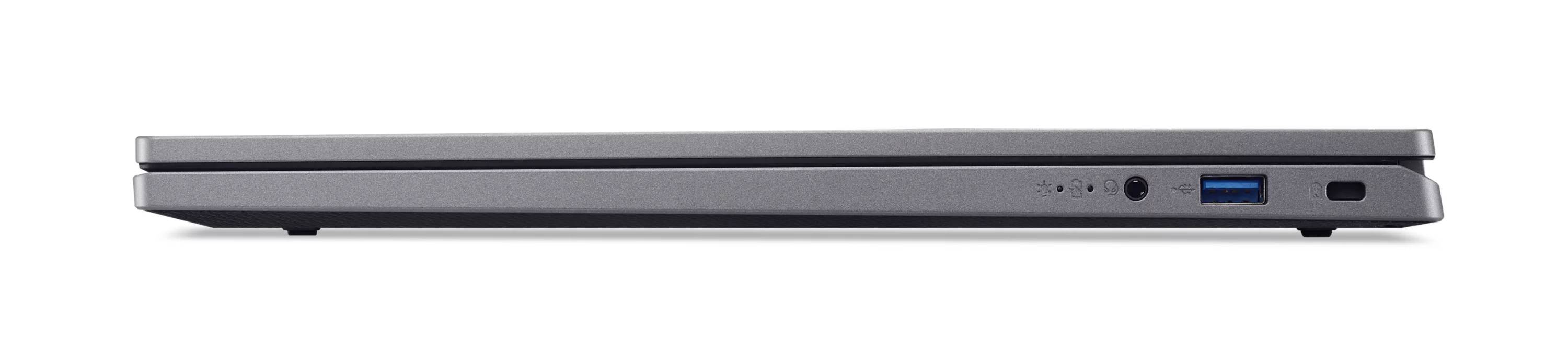 Seitenansicht eines geschlossenen silbernen Laptops, die das dünne Profil mit einem USB-Anschluss und einer Kopfhörerbuchse auf der rechten Seite zeigt.