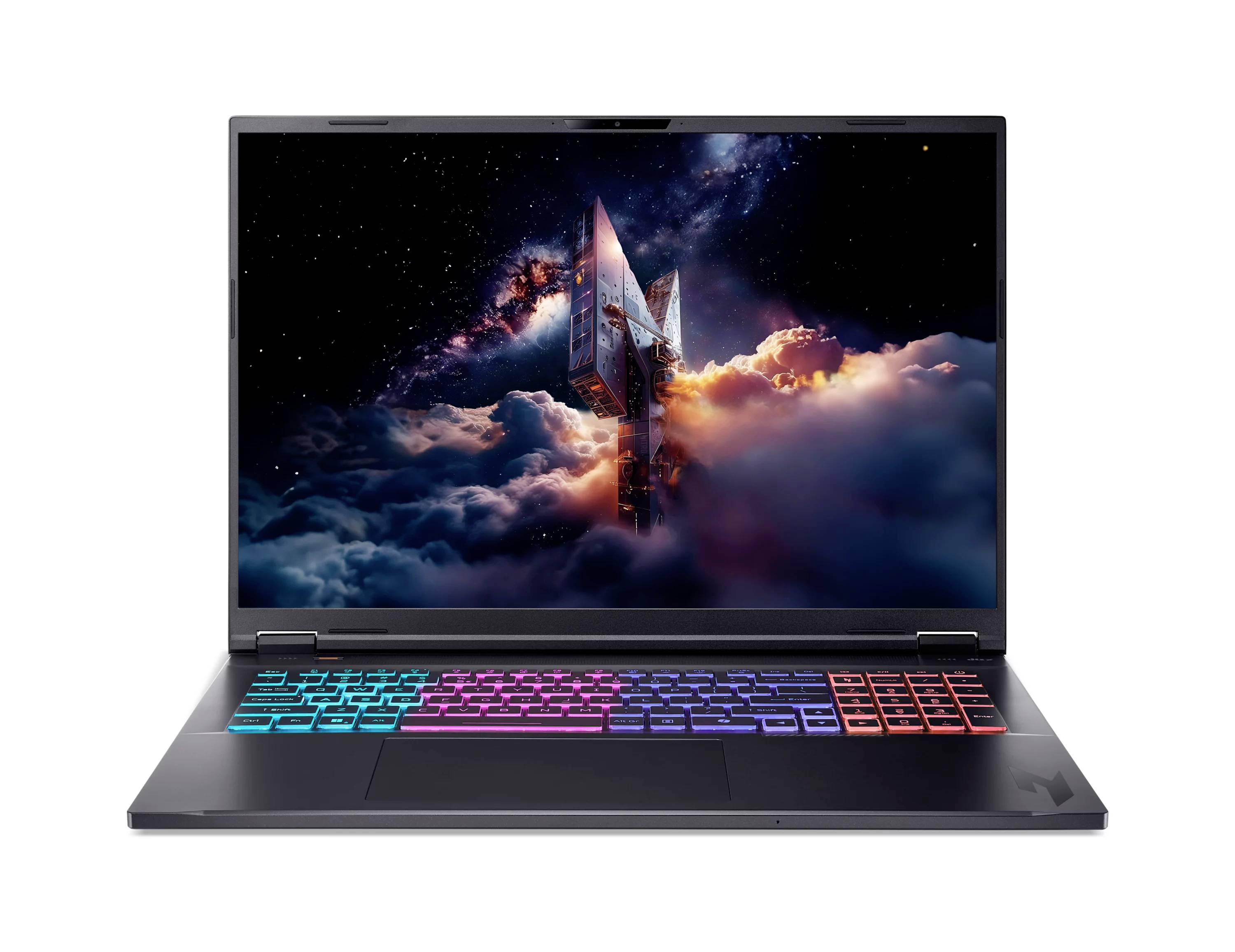 Gaming-Laptop mit farbig beleuchteter Tastatur, auf dem Bildschirm eine Science-Fiction-Rakete, die über Wolken startet.