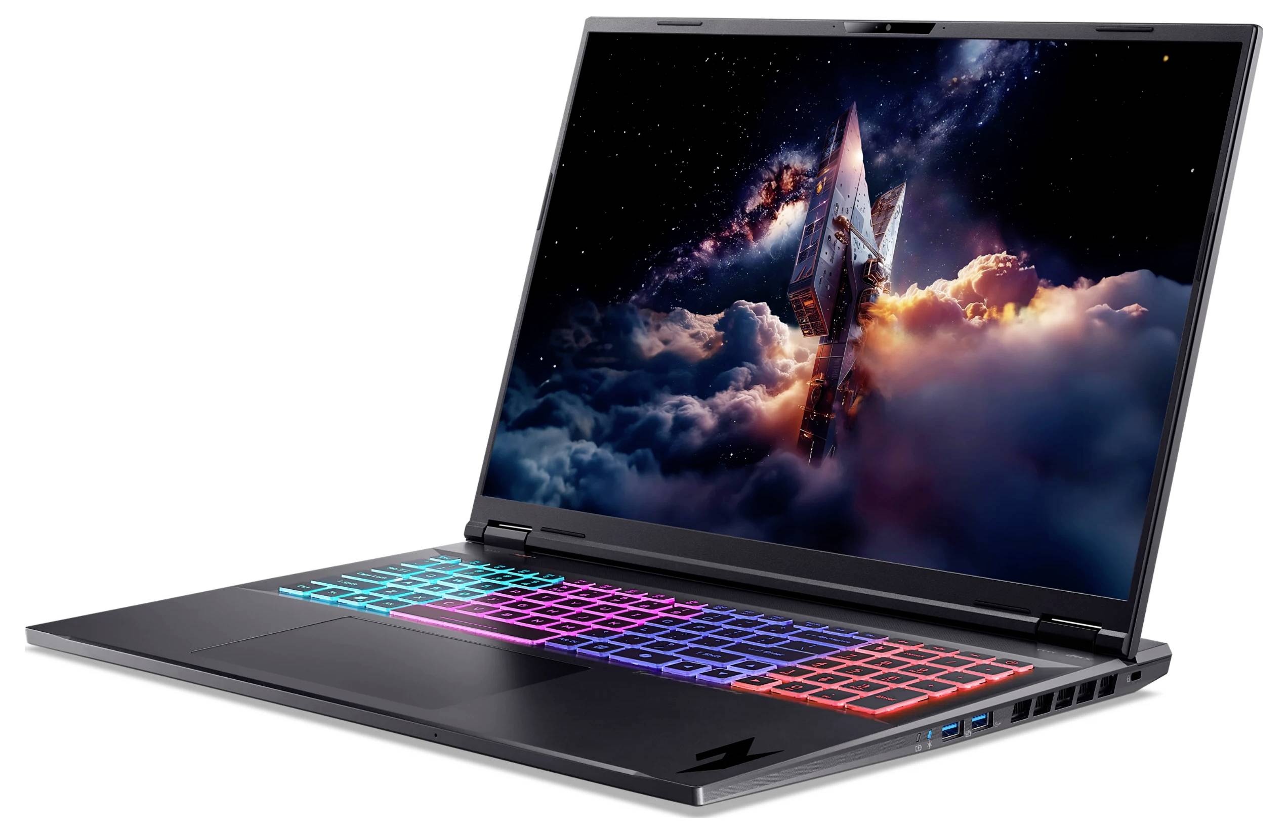 Offener Gaming-Laptop mit RGB-beleuchteter Tastatur und einem Bildschirm, der eine Rakete oder ein Raumschiff zeigt, das durch Wolken im Weltall startet.
