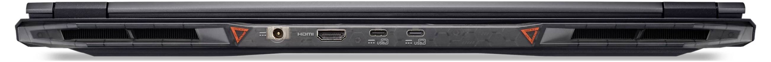 Seitenansicht eines geschlossenen schwarzen Laptops mit Vorderkante, Anschlüssen und orangefarbenen Dreieck-Akzenten.