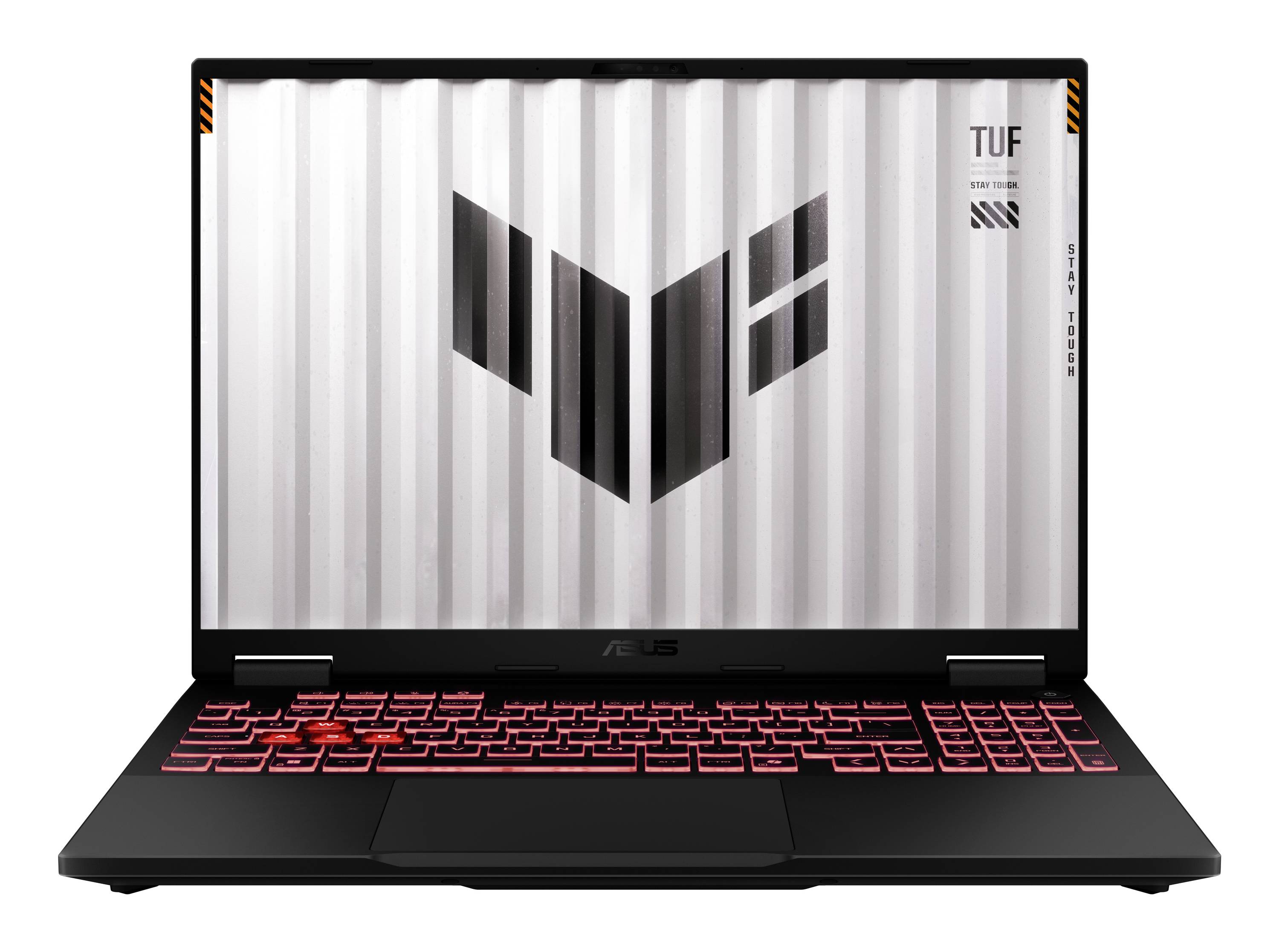 Schwarzer ASUS TUF Gaming-Laptop mit rot hinterleuchter Tastatur, aufgeklappt auf einfachem weißem Hintergrund dargestellt.