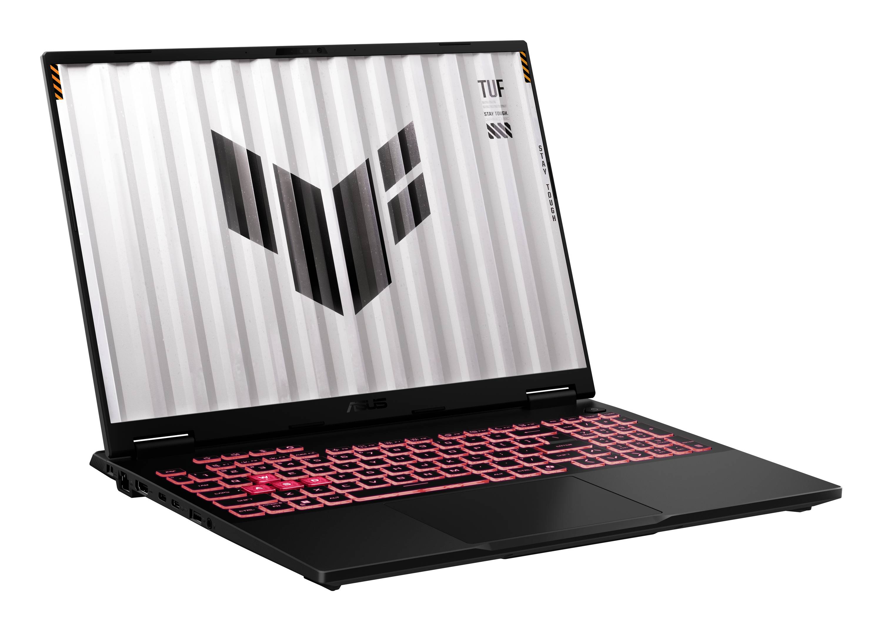 Ein offenes ASUS TUF Gaming-Laptop mit schwarzem Gehäuse und rot beleuchteter Tastatur auf weißem Hintergrund.