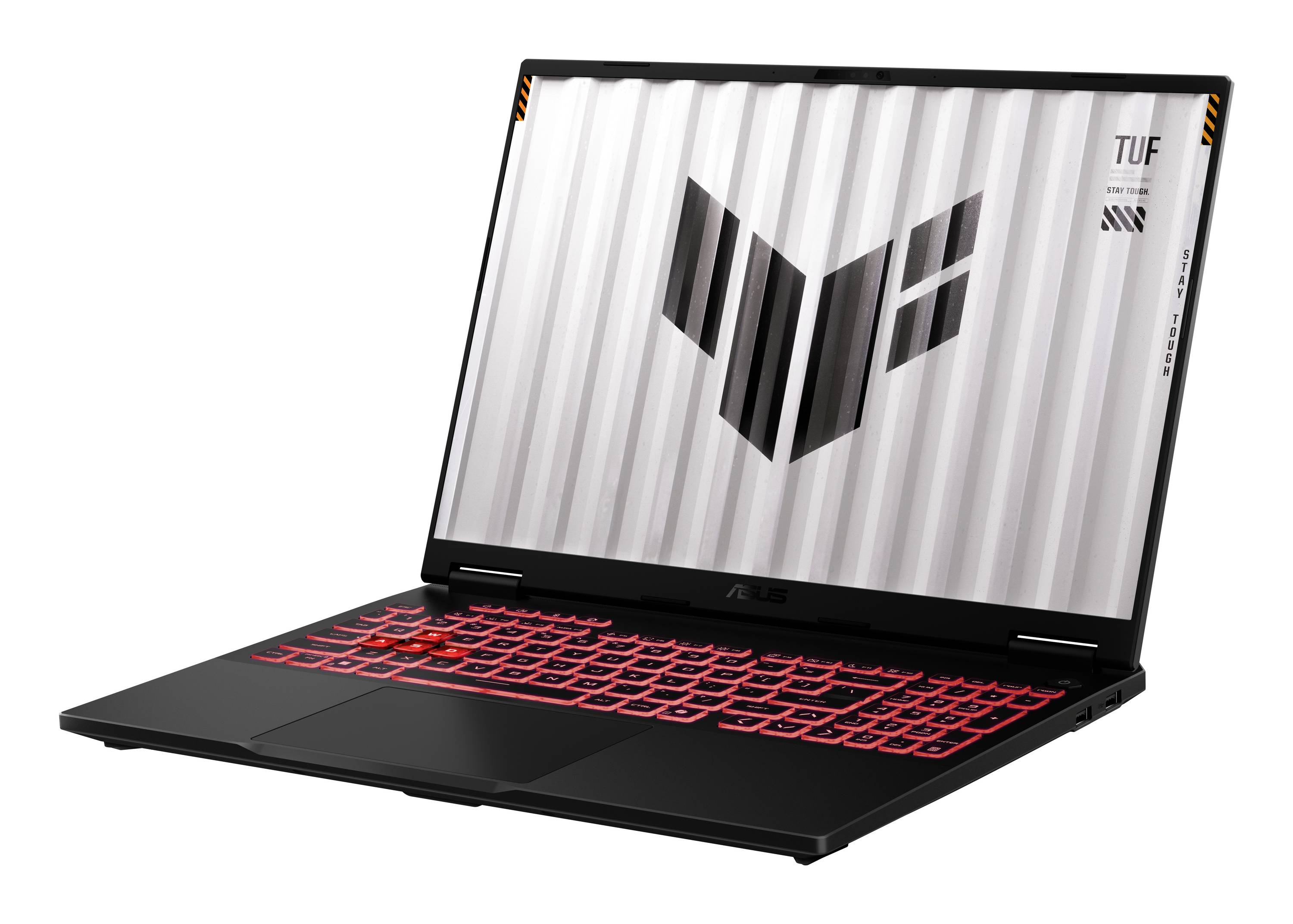 Schwarzer ASUS-Gaming-Laptop mit roter Hintergrundbeleuchtung der Tastatur, geöffnet auf weißem Hintergrund, zeigt ein großes stilisiertes Logo auf dem Bildschirm.