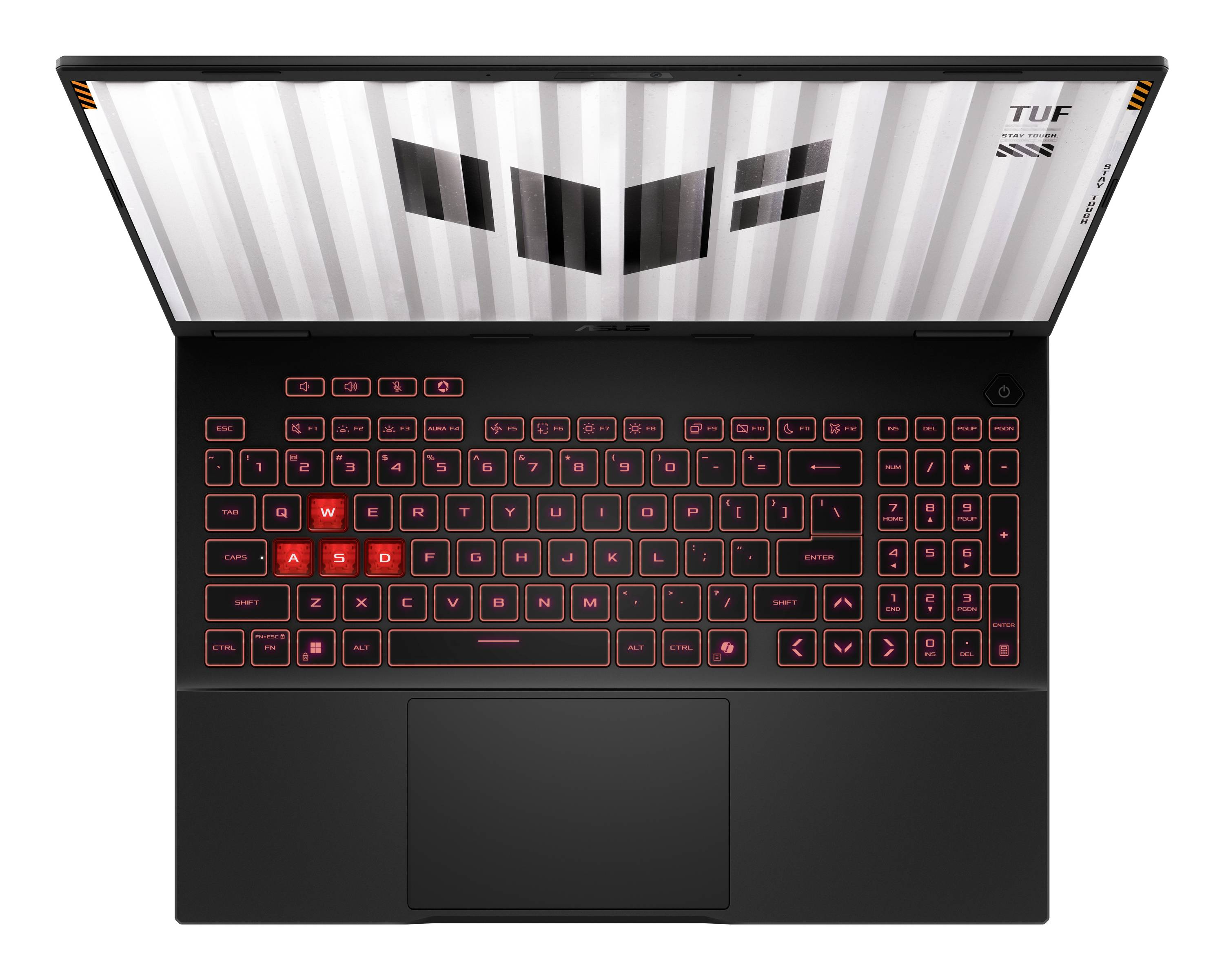 Draufsicht auf einen schwarzen ASUS TUF Gaming-Laptop mit rot beleuchteter Tastatur und großem Touchpad, geöffnet, um die Rückseite des Bildschirms mit TUF-Logo zu zeigen.