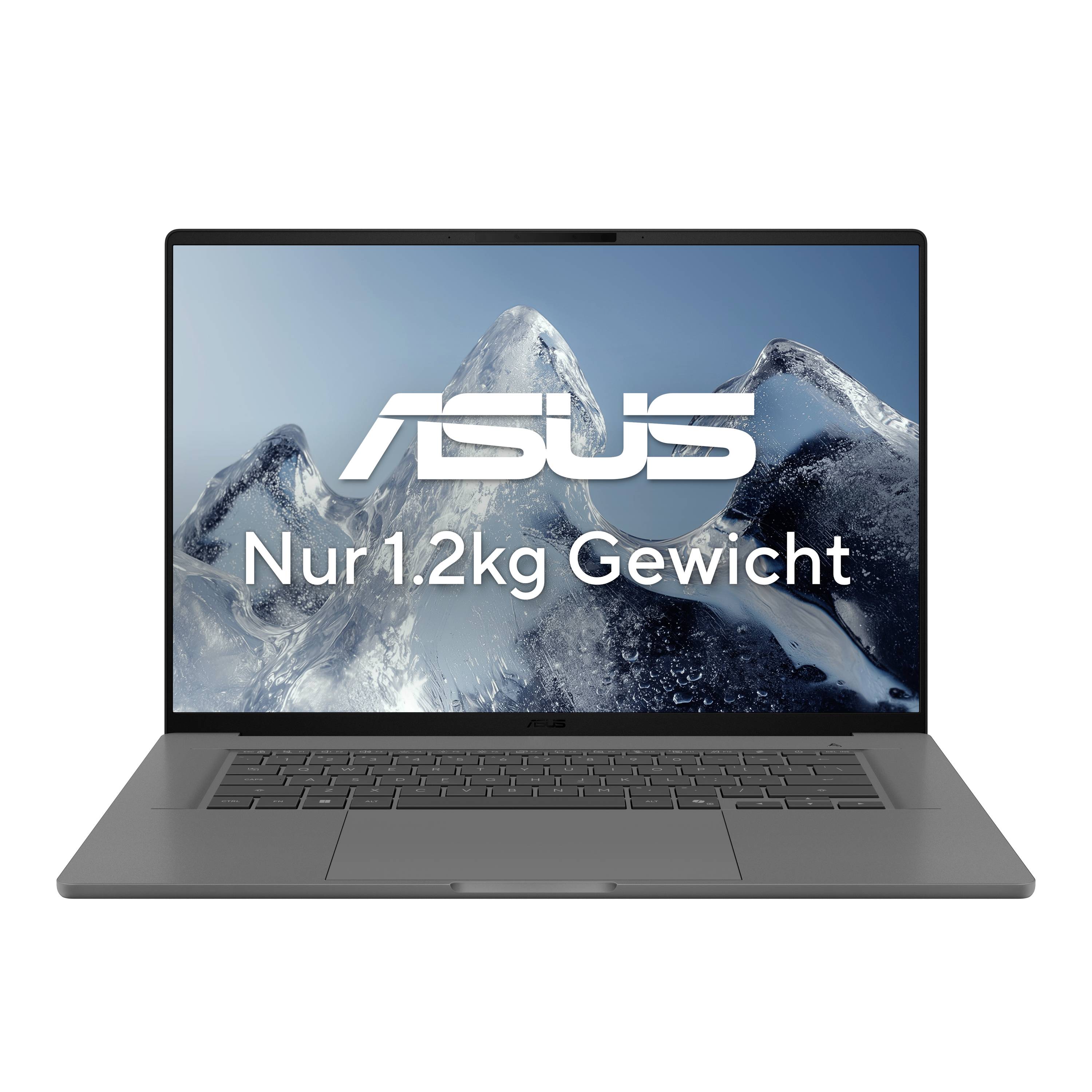 ASUS Laptop Vorderansicht mit Bildschirmtext „Nur 1,2 kg Gewicht