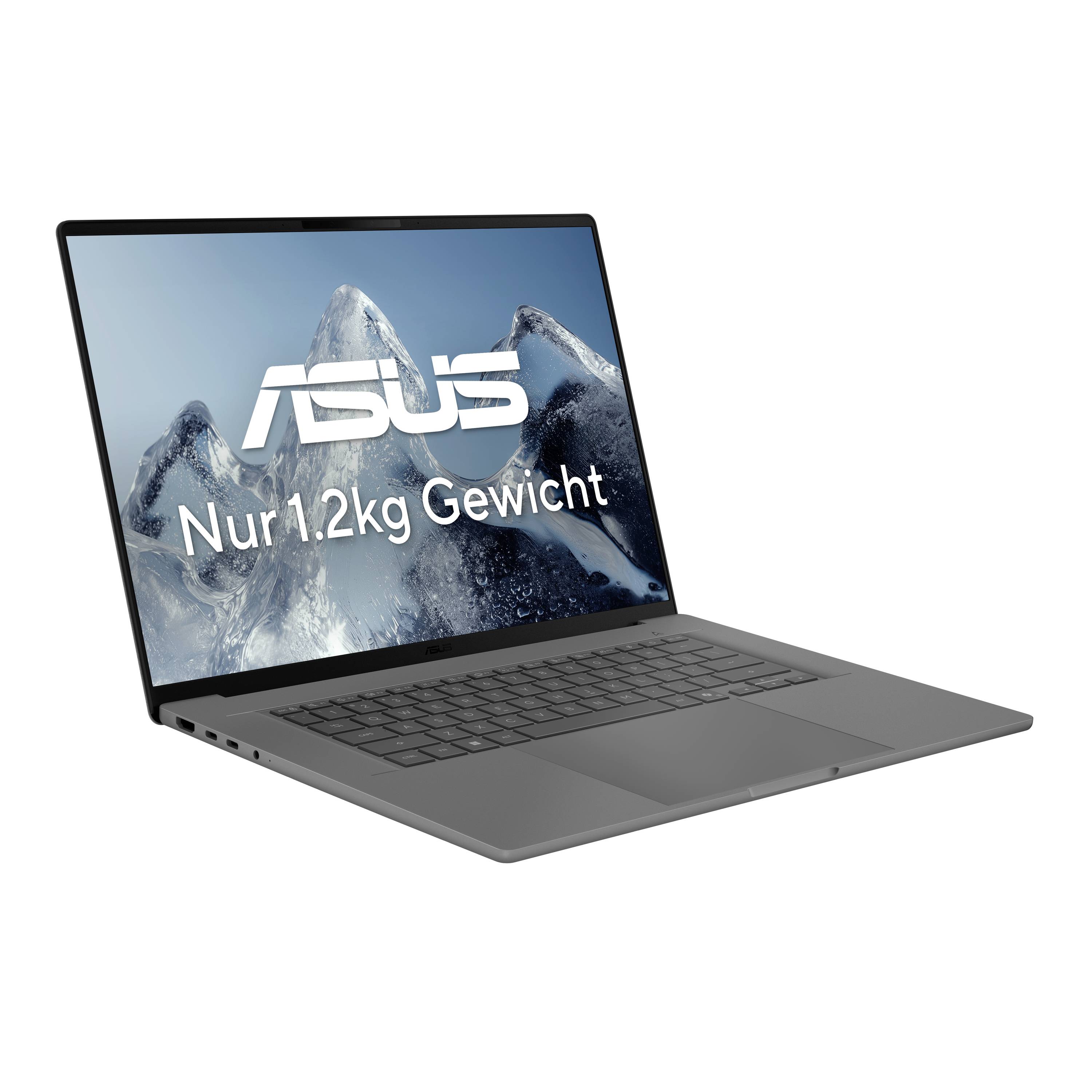 ASUS Laptop auf weißem Hintergrund mit Bildschirmtext „Nur 1.2kg Gewicht", das sein leichtes Design hervorhebt.