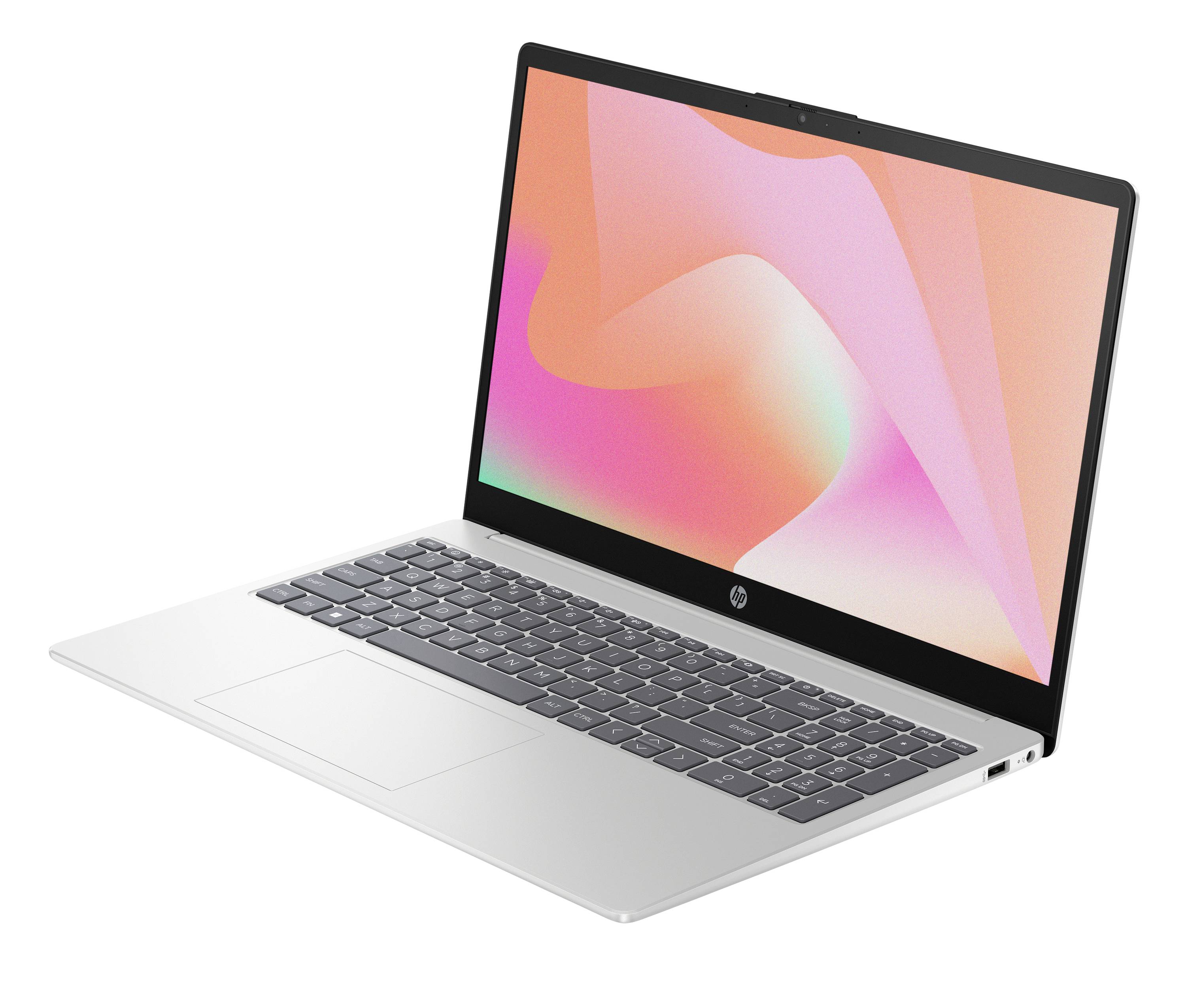 Silber-HP-Laptop in einem Winkel auf weißem Hintergrund offen, zeigt einen rosa und orange abstrakten Bildschirm.