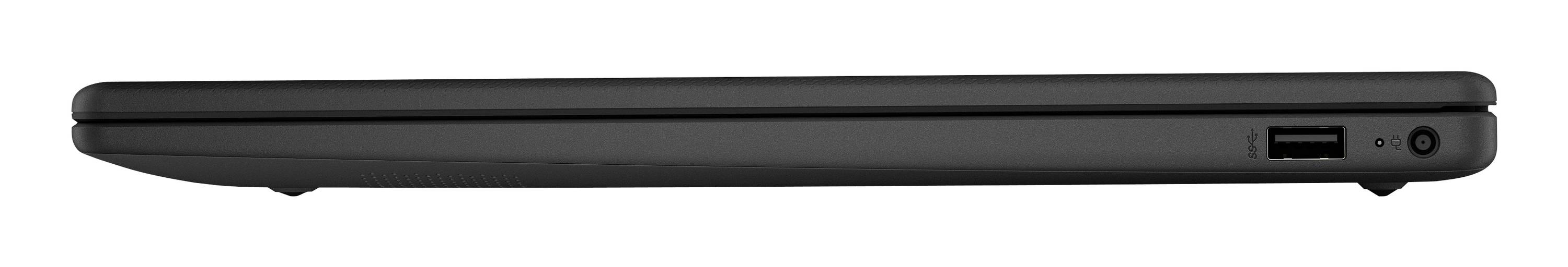 Seitenansicht eines schlanken schwarzen Laptops, zugeklappt, mit einem einzelnen USB-Anschluss und einer Stromversorgungsbuchse auf der rechten Seite.