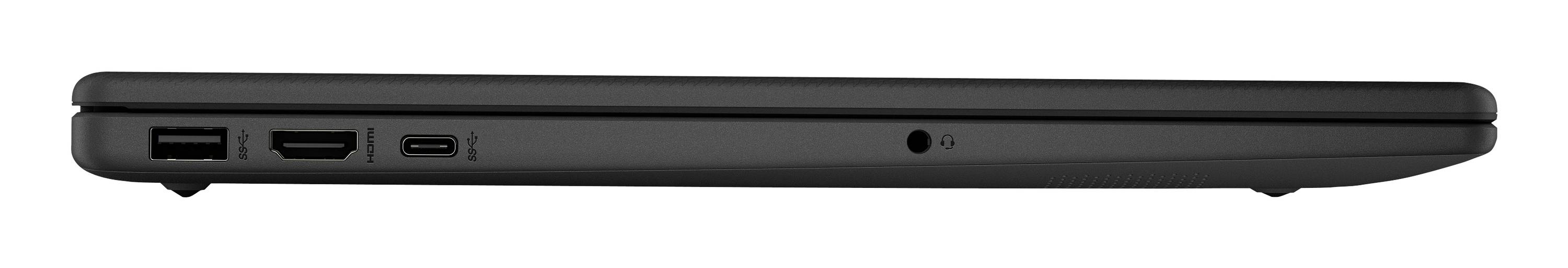 Seitenansicht eines geschlossenen schwarzen Laptops mit schmalem Profil und zwei Anschlüssen auf der linken Seite.
