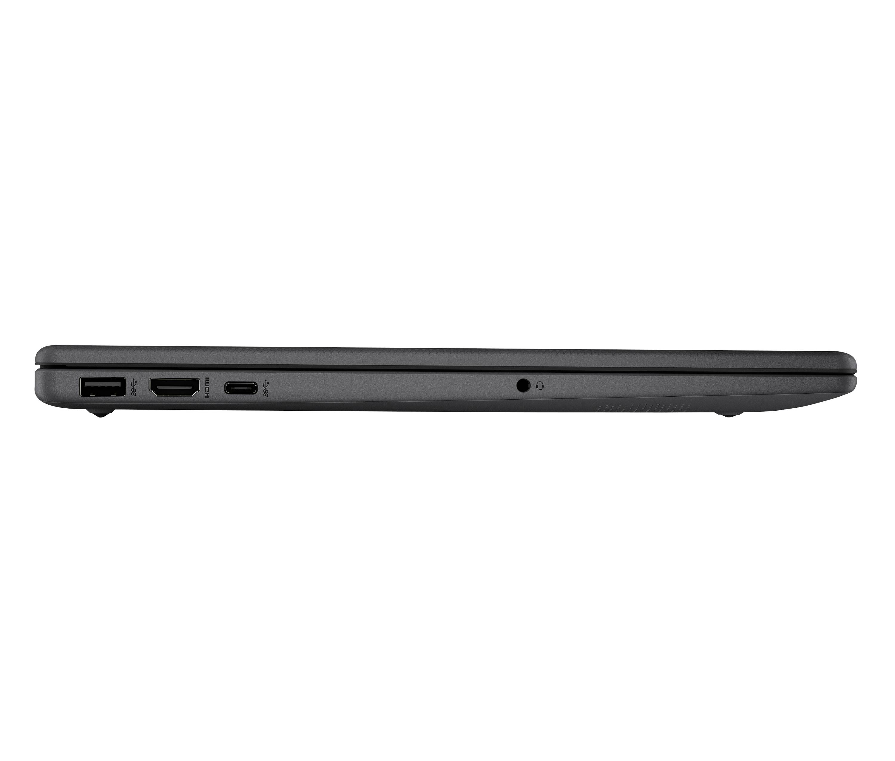 Seitenansicht eines geschlossenen grauen Laptops mit Anschlüssen auf der linken Seite, einschließlich USB, HDMI und USB-C, auf weißem Hintergrund