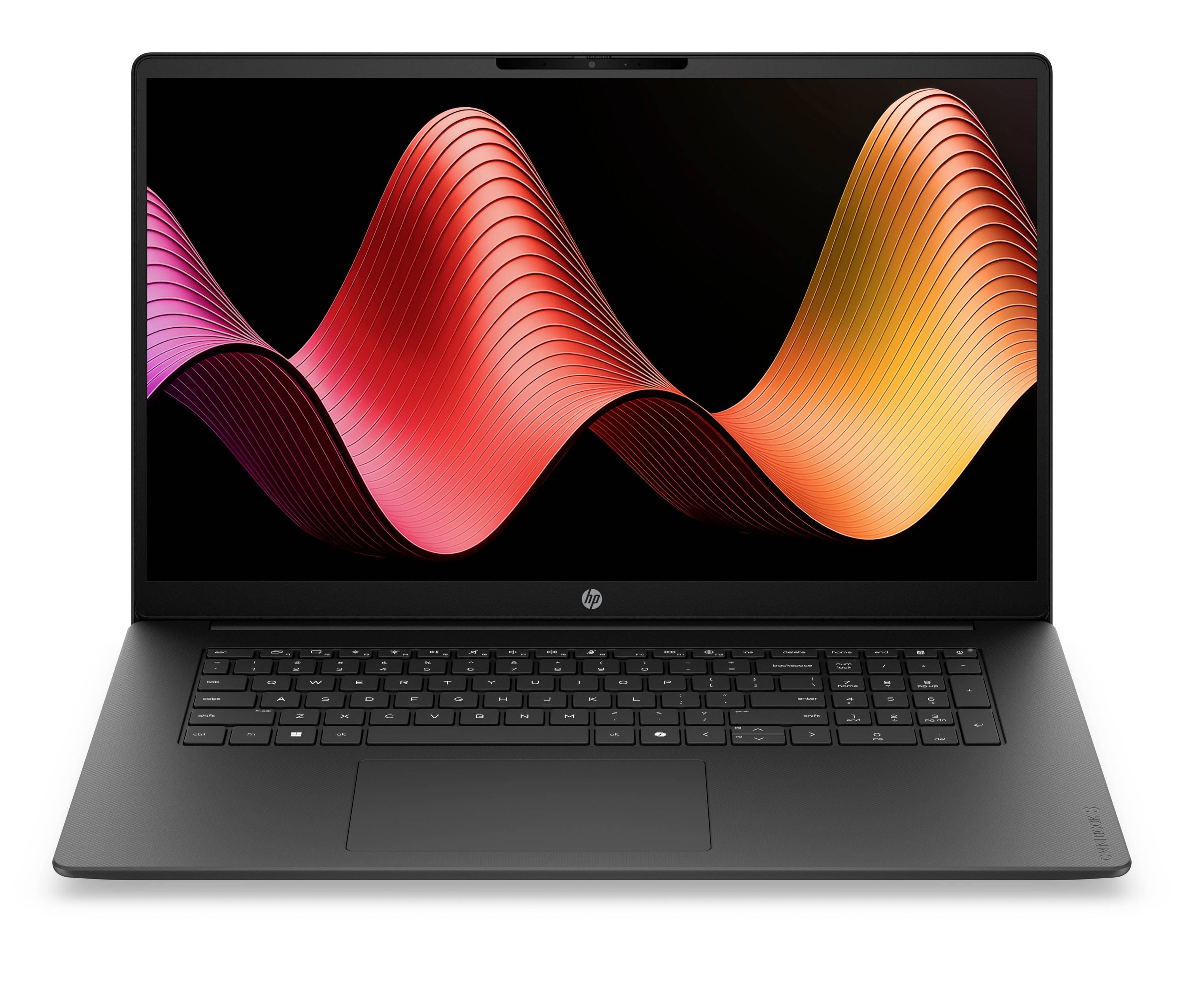 Vorderansicht eines schwarzen Laptops mit einem abstrakten farbenfrohen Wellenmuster auf dem Bildschirm.