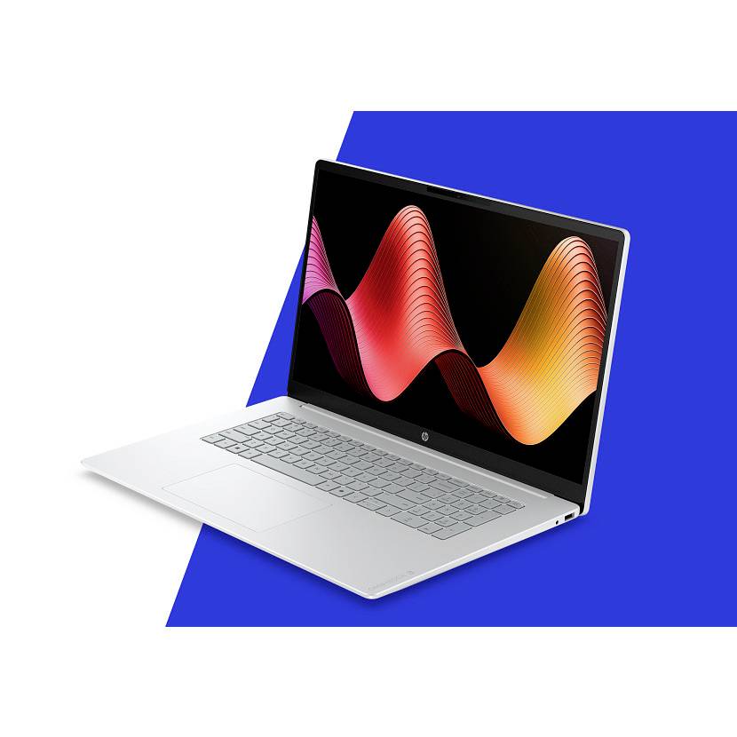 Silberner Laptop mit Bildschirm, der bunte abstrakte Wellengrafiken auf blauem geometrischem Hintergrund anzeigt.