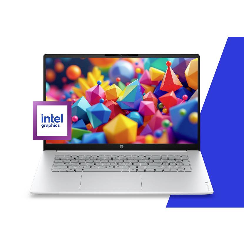 Silberner Laptop mit bunten 3D-Geometrieformen auf dem Bildschirm, mit einem überlagerten "Intel Graphics" Logo-Badge auf der linken Seite.